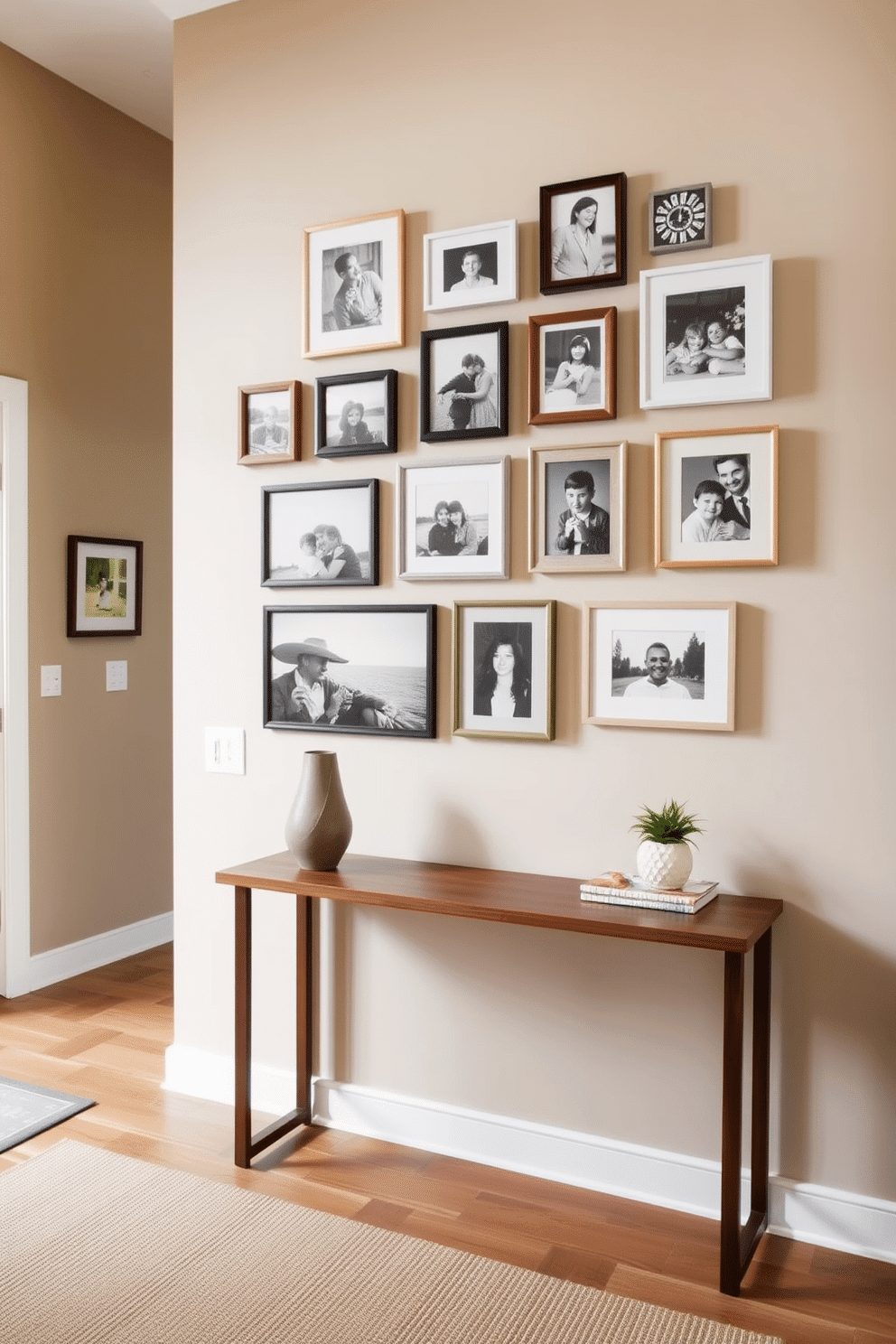 A stylish entryway gallery wall showcases a collection of framed family photos in various sizes, arranged in a cohesive yet eclectic manner. The wall is painted in a soft beige, creating a warm backdrop that complements the rich wood of the console table below. A sleek console table with a minimalist design sits beneath the gallery wall, adorned with a few decorative items like a sculptural vase and a small potted plant. The floor features a textured runner that adds warmth and style, leading guests into the heart of the home.