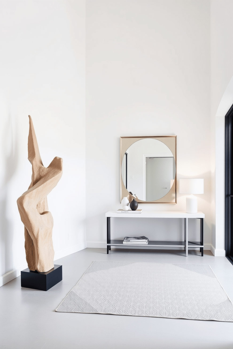 A modern entryway featuring sculptural elements that create a striking visual impact. A large, abstract sculpture stands prominently on one side, complemented by a sleek console table adorned with decorative objects and a minimalist lamp. The walls are painted in a crisp white, providing a clean backdrop that enhances the artistic features. A geometric rug adds texture to the space, while a statement mirror reflects light and expands the entryway’s dimensions.