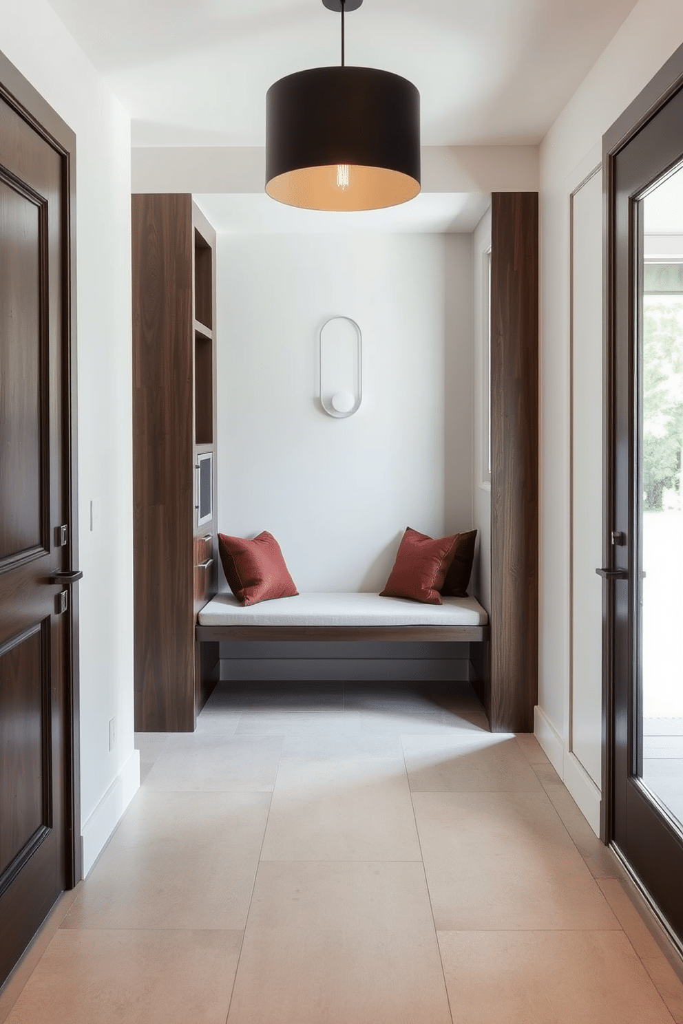 A modern entryway featuring integrated seating for convenience, with a sleek bench built into a wall niche. The space is illuminated by a stylish pendant light, and the floor is adorned with large, textured tiles in a neutral tone.