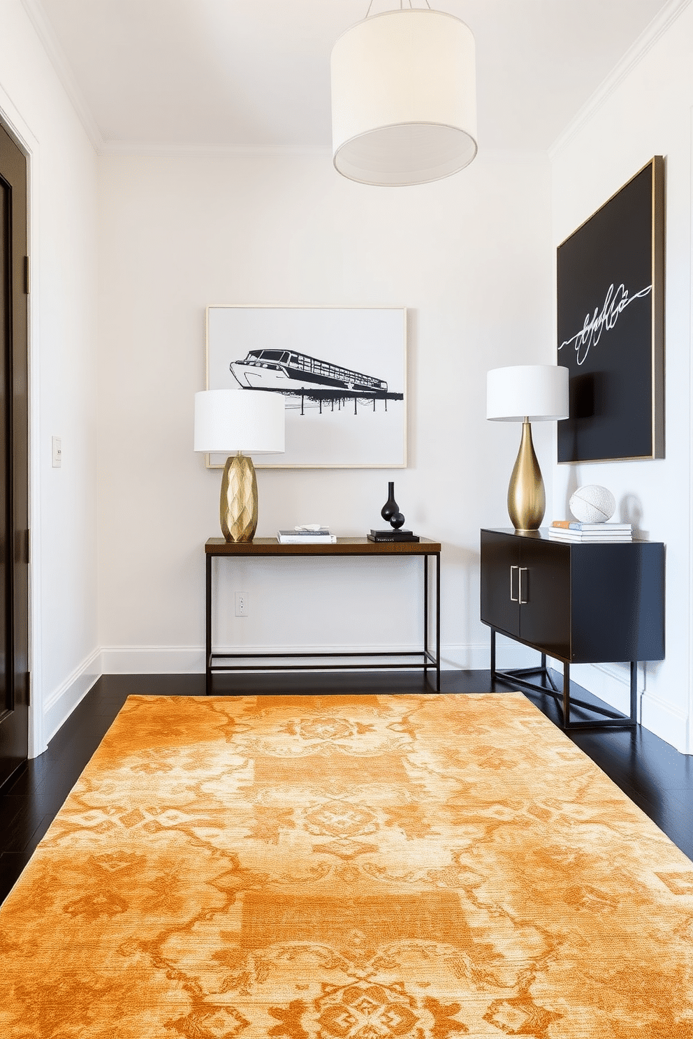 A modern entryway features a statement rug that adds a pop of color and texture, anchoring the space with its bold patterns. The walls are adorned with sleek, minimalist art, and a stylish console table holds decorative items, creating an inviting atmosphere.