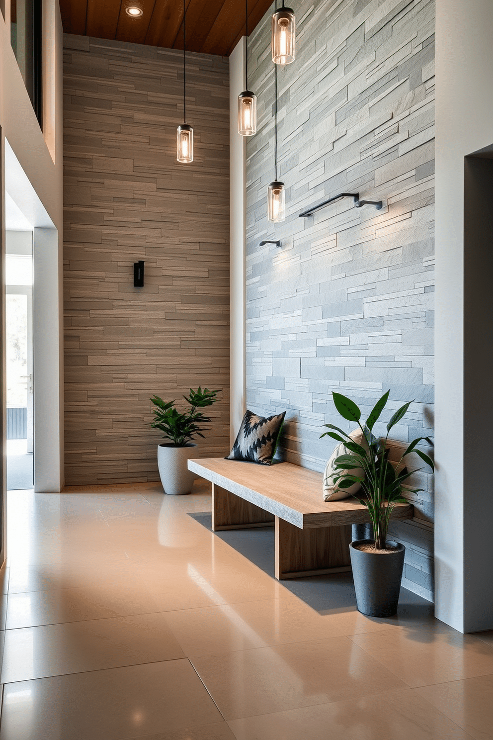 A modern entryway featuring natural stone elements, including a sleek stone floor and a feature wall made of textured slate. The space is illuminated by pendant lights hanging from a high ceiling, creating an inviting atmosphere. Incorporate a minimalist wooden bench with a stone top, paired with decorative cushions for comfort. A large potted plant sits in one corner, adding a touch of greenery to the sophisticated design.