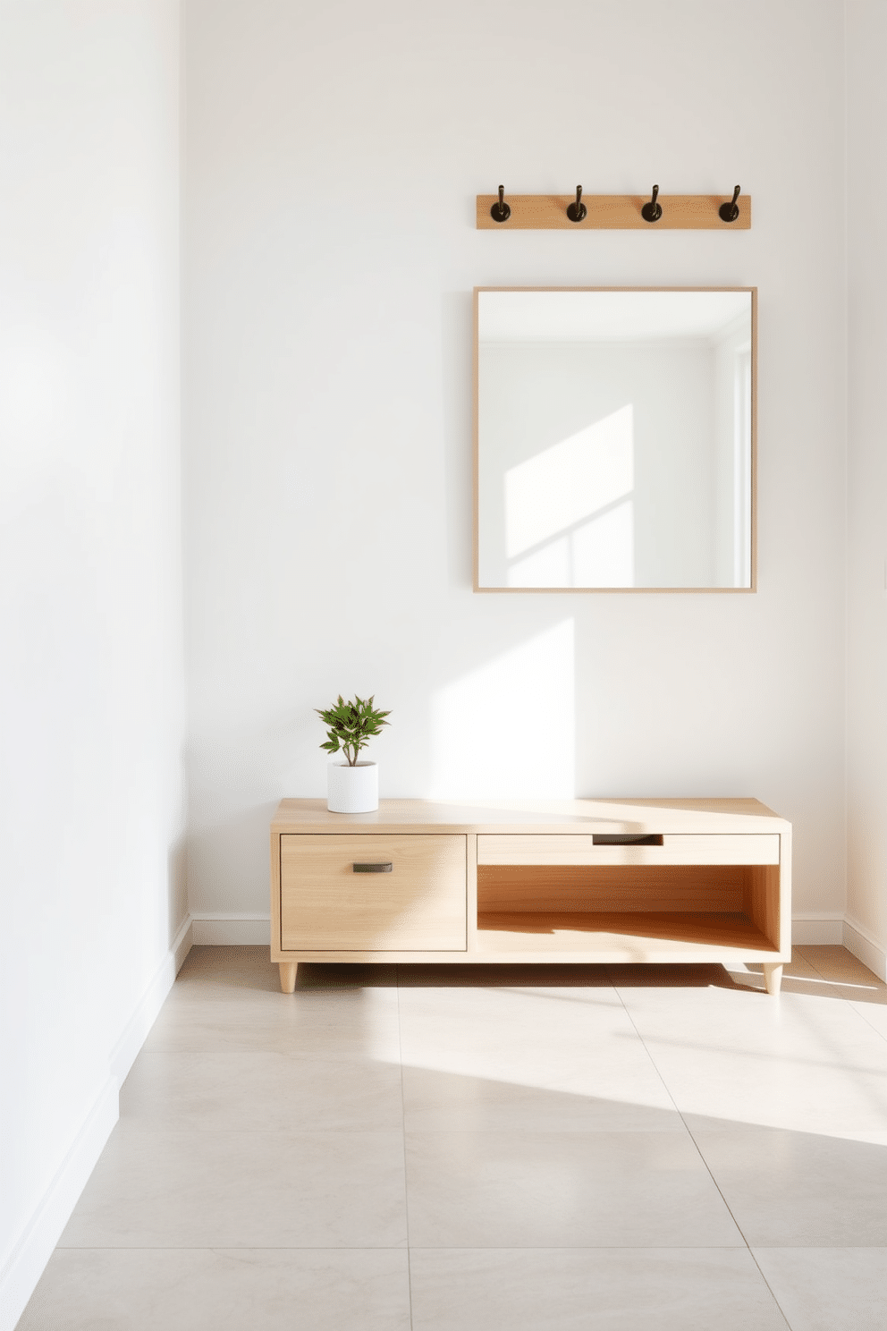 A minimalist bench with integrated storage sits against the wall, crafted from light wood with clean lines and a simple design. Above the bench, a large mirror reflects natural light, enhancing the spacious feel of the modern entryway. The floor features large, neutral-toned tiles that complement the minimalist aesthetic, while a small potted plant adds a touch of greenery. Wall hooks are neatly arranged above the bench, providing practical space for coats and bags without cluttering the area.