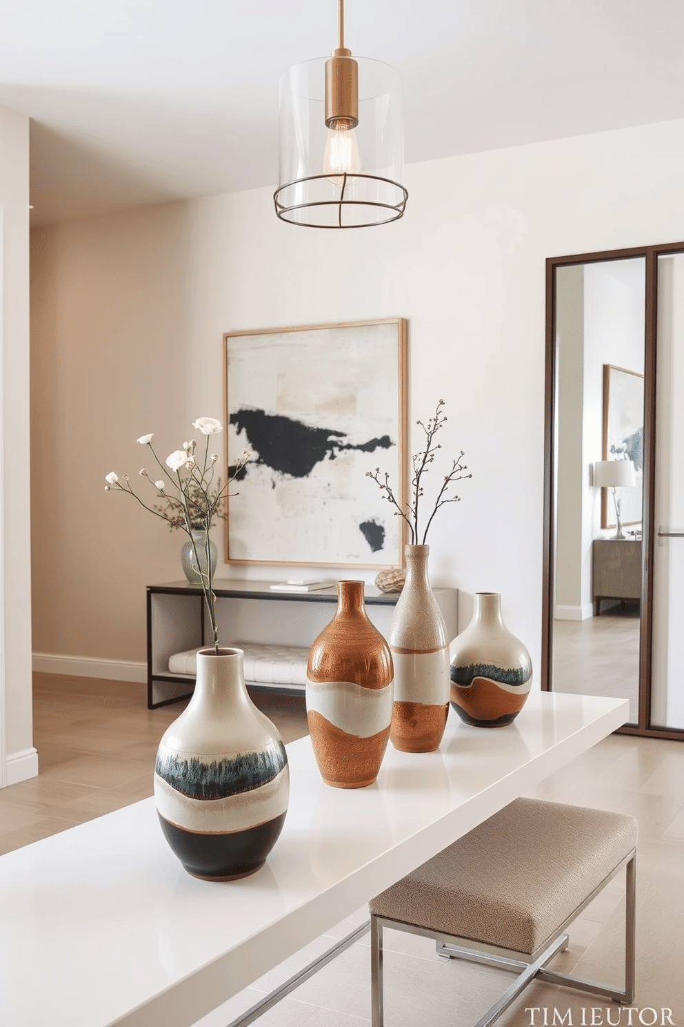 Handmade ceramic vases are artistically arranged on a sleek console table in a modern entryway. The vases feature unique glazes and textures, complemented by a backdrop of soft, neutral-colored walls and a statement piece of abstract art. The entryway is illuminated by a stylish pendant light, casting warm tones across the space. A minimalist bench provides seating, while a large mirror enhances the sense of openness, reflecting the carefully curated decor.