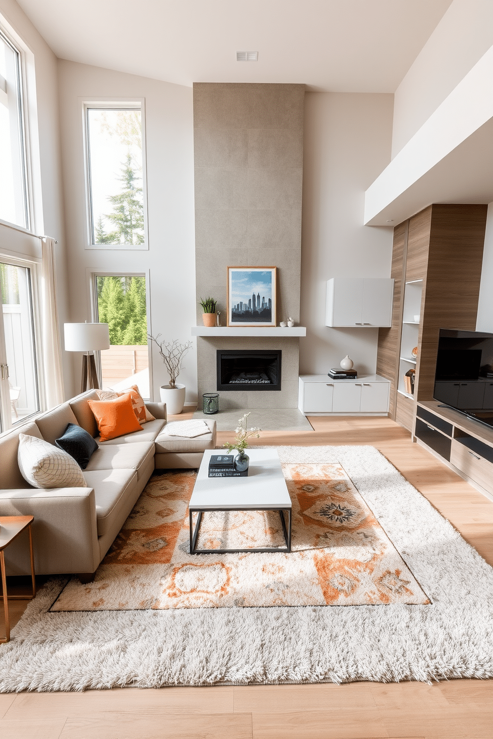 A modern family room featuring soft area rugs that define distinct zones within the space. The room is adorned with a plush sectional sofa in a neutral tone, complemented by vibrant throw pillows and a stylish coffee table at the center. Large windows allow natural light to flood the room, enhancing the warm ambiance created by a cozy fireplace. A contemporary entertainment unit sits against one wall, showcasing a mix of decorative items and family photos for a personal touch.