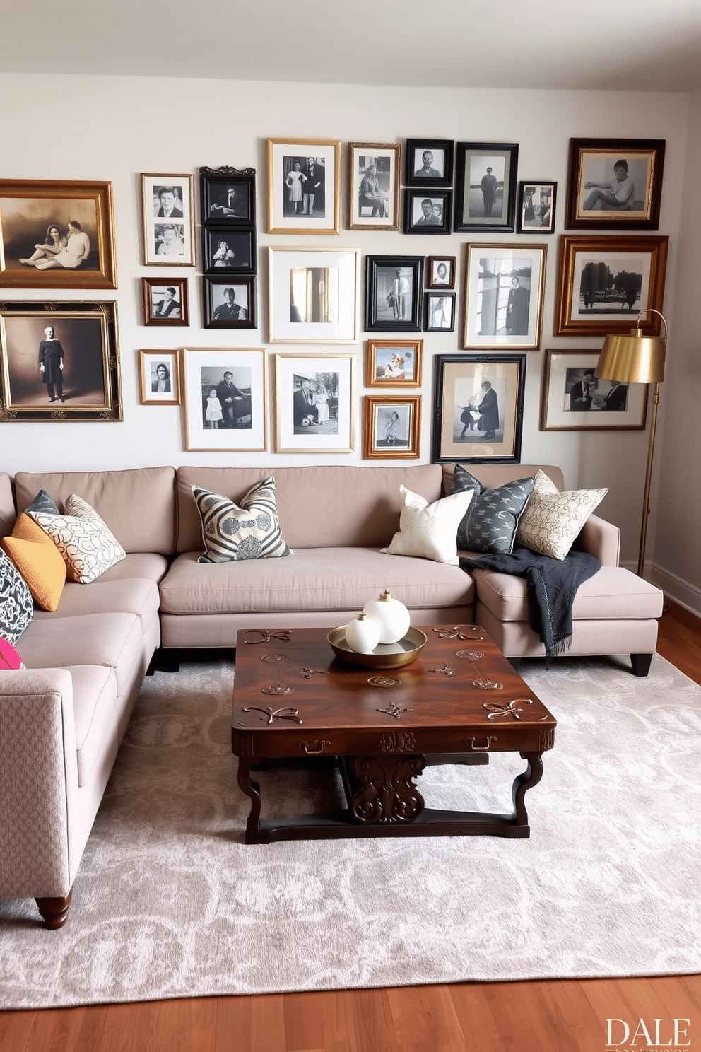 A modern family room featuring a sleek sectional sofa in a neutral fabric, complemented by a vintage wooden coffee table with intricate carvings. On the walls, a gallery of framed family photos mixes contemporary art with vintage frames, creating a warm and inviting atmosphere. The space is accented with a large area rug that combines modern geometric patterns with soft, muted colors. A stylish floor lamp with a brass finish stands beside the sofa, while a collection of decorative pillows adds pops of color and texture.