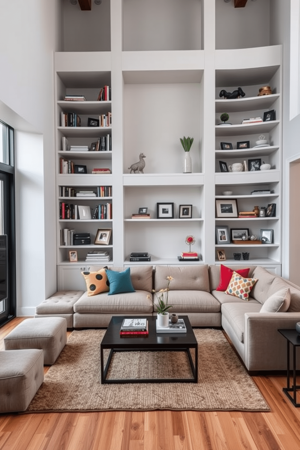 A modern family room featuring built-in shelves that provide organized storage, seamlessly integrated into the wall. The shelves are filled with books, decorative items, and family photos, creating a personalized and inviting atmosphere. The room includes a plush sectional sofa in a neutral tone, accented by colorful throw pillows. Large windows allow natural light to flood the space, highlighting a stylish coffee table and a cozy area rug beneath.