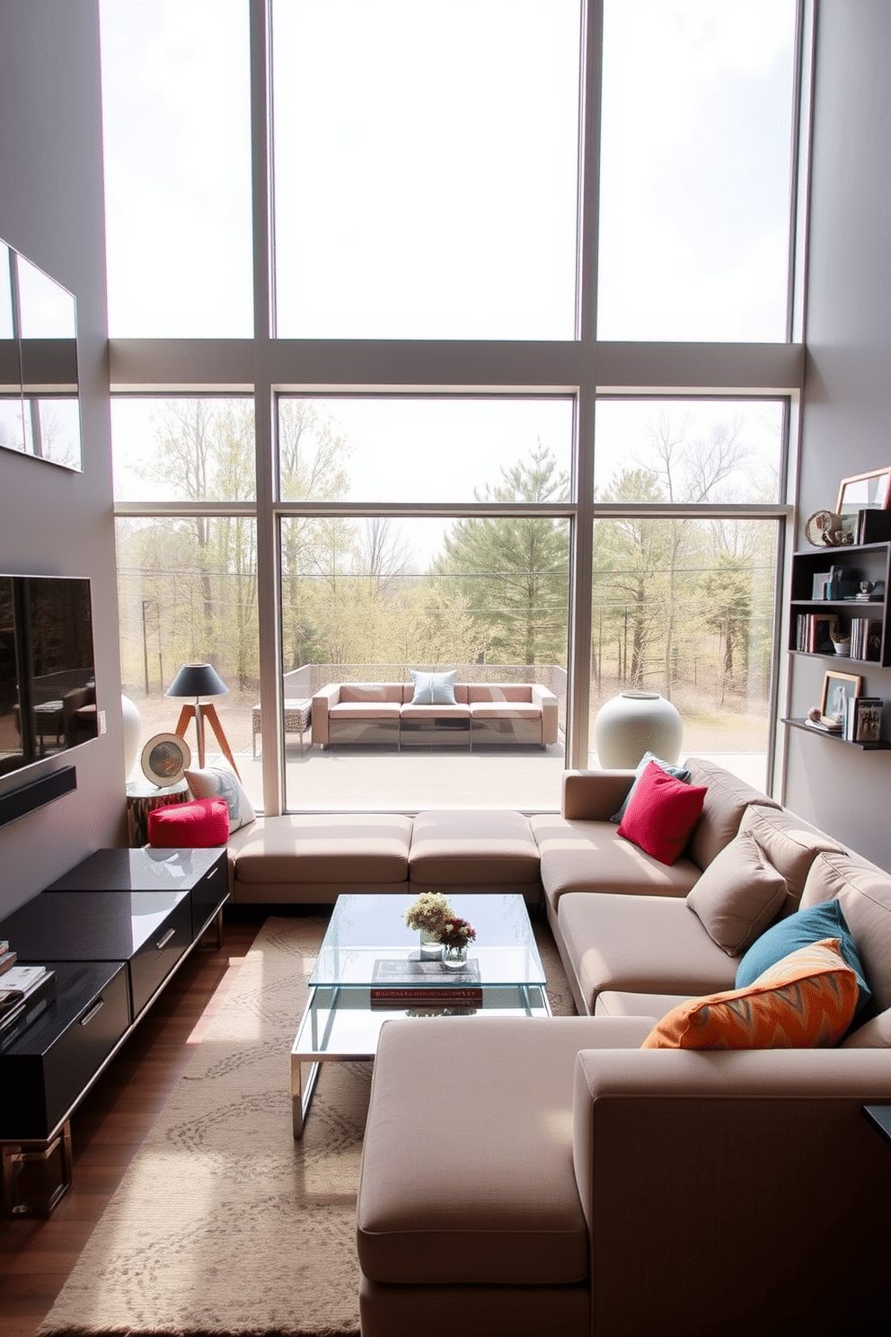 A modern family room featuring large floor-to-ceiling windows that flood the space with natural light. The room includes a plush sectional sofa in a neutral tone, accented by colorful throw pillows, and a sleek coffee table made of glass and metal. On one wall, a stylish entertainment unit is mounted, housing a flat-screen TV and decorative shelving for books and art pieces. Mirrors are strategically placed to reflect light and create an illusion of a larger space, enhancing the overall ambiance of the room.