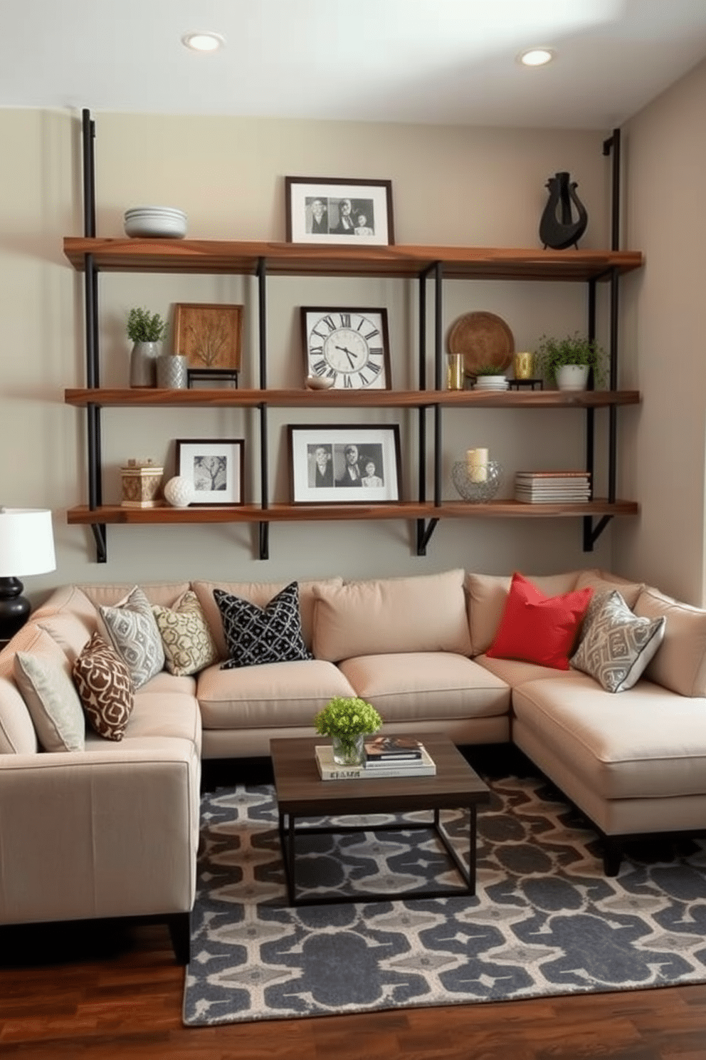 Open shelving for displaying decor. The shelves are crafted from reclaimed wood, creating a warm and inviting atmosphere. Modern family room design ideas. The space features a large sectional sofa in a neutral tone, complemented by colorful accent pillows and a geometric area rug.