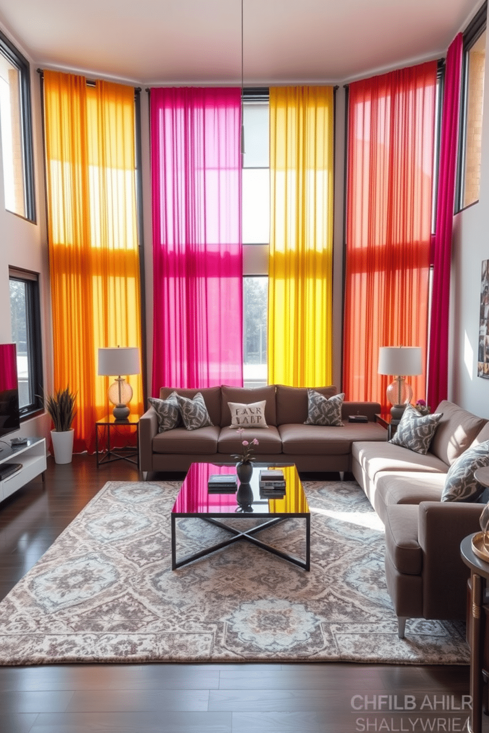 A modern family room featuring colorful curtains that frame large windows, allowing natural light to flood the space. The curtains are in vibrant hues, complementing the contemporary furniture arranged in a cozy yet stylish layout. The room includes a plush sectional sofa adorned with patterned throw pillows, paired with a sleek coffee table at the center. A large area rug anchors the seating area, while a gallery wall of family photos adds a personal touch to the decor.