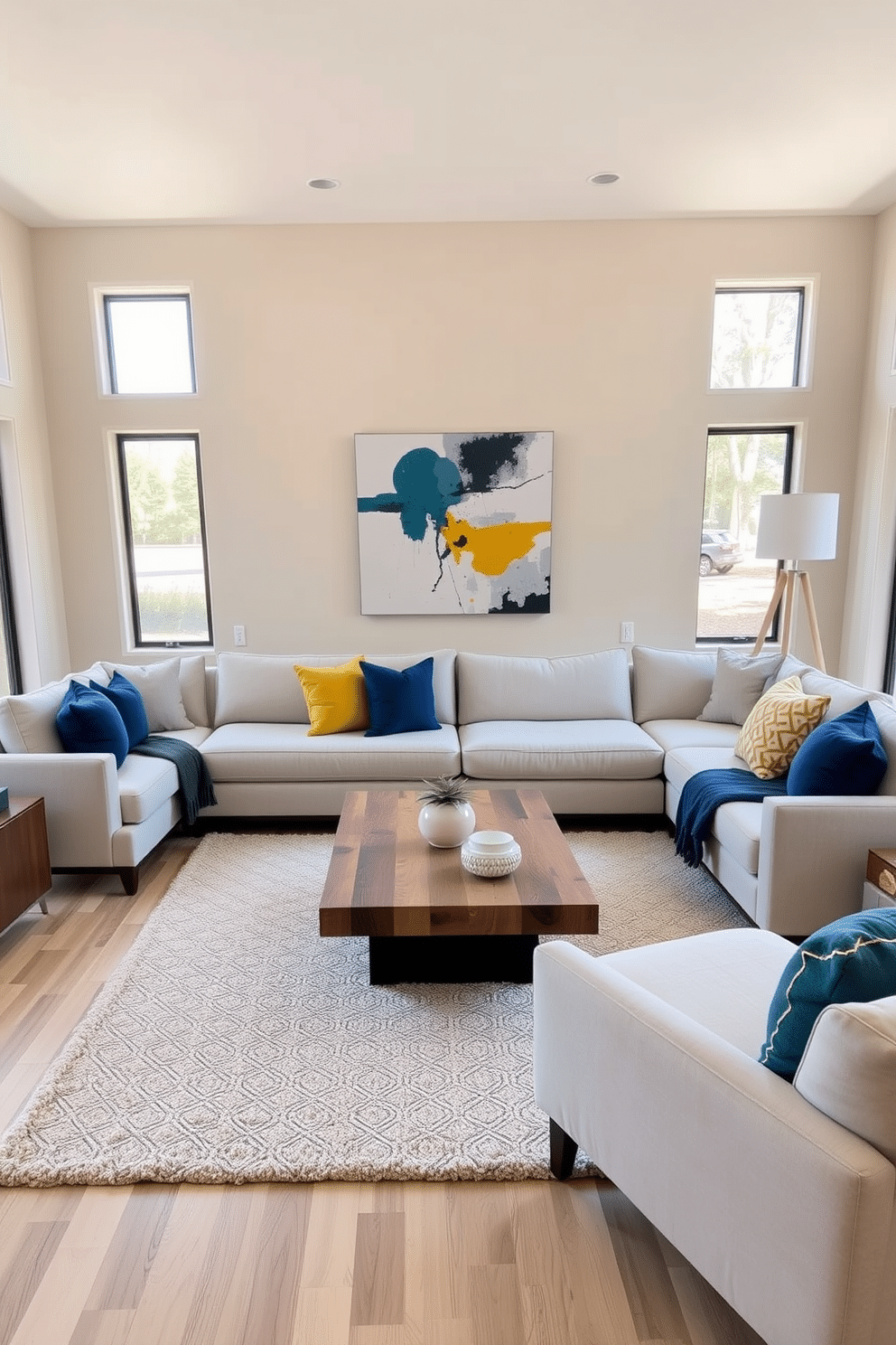 A modern family room designed with a neutral color palette, featuring soft beige walls and a light gray sectional sofa. Bold accents come from vibrant throw pillows in deep blue and mustard yellow, adding a pop of color to the space. The room includes a sleek coffee table made of reclaimed wood, surrounded by a plush area rug in a geometric pattern. Large windows allow natural light to flood in, highlighting a striking piece of abstract art on the wall.