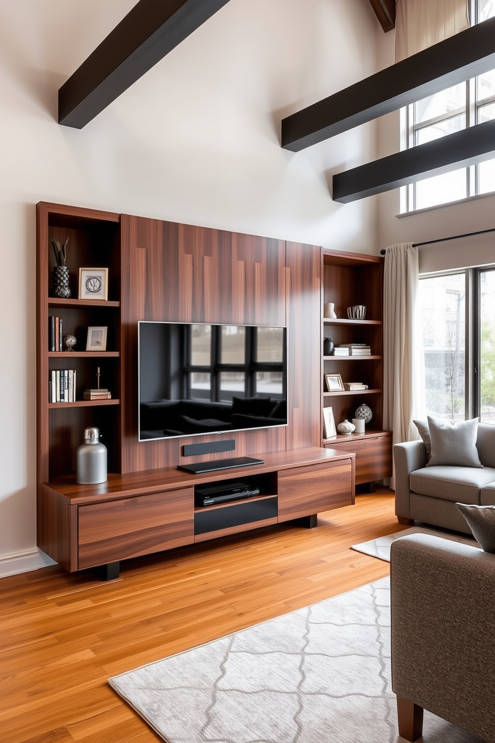 A modern entertainment center features a sleek, minimalist design with a low-profile media console in a rich walnut finish. Above the console, a large flat-screen TV is mounted, flanked by stylish built-in shelves displaying curated decor and books. The family room is designed for comfort and style, with a spacious sectional sofa upholstered in a soft gray fabric. Large windows allow natural light to flood the space, complemented by a contemporary area rug that adds warmth and texture to the hardwood floor.