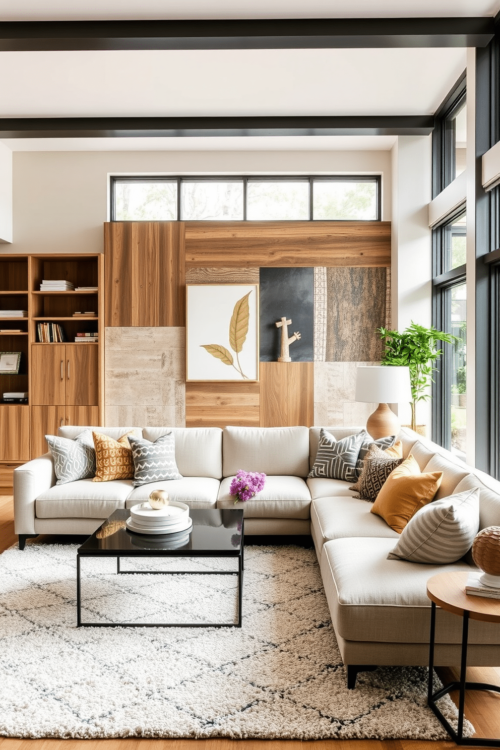 A modern family room featuring layered textures for visual interest. The space includes a plush sectional sofa adorned with a mix of patterned and solid throw pillows, complemented by a soft area rug that anchors the seating arrangement. Natural wood accents are incorporated through a coffee table and shelving units, adding warmth to the contemporary design. Large windows allow ample natural light to flood the room, highlighting a feature wall with a mix of art and textured panels.