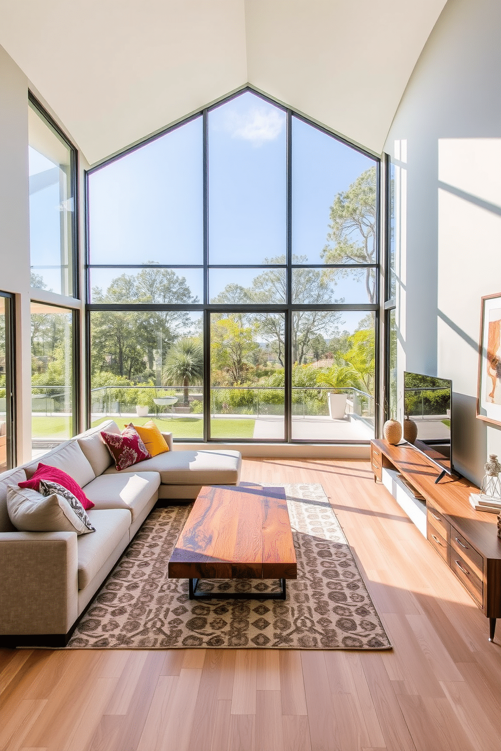 A modern family room filled with natural light from large floor-to-ceiling windows that frame a stunning outdoor view. The space features a plush sectional sofa in a neutral tone, accented with colorful throw pillows, and a sleek coffee table made of reclaimed wood. The walls are painted in a soft gray, complementing the light wood flooring that adds warmth to the room. A stylish area rug anchors the seating area, while a contemporary entertainment unit showcases the latest technology and decorative art pieces.