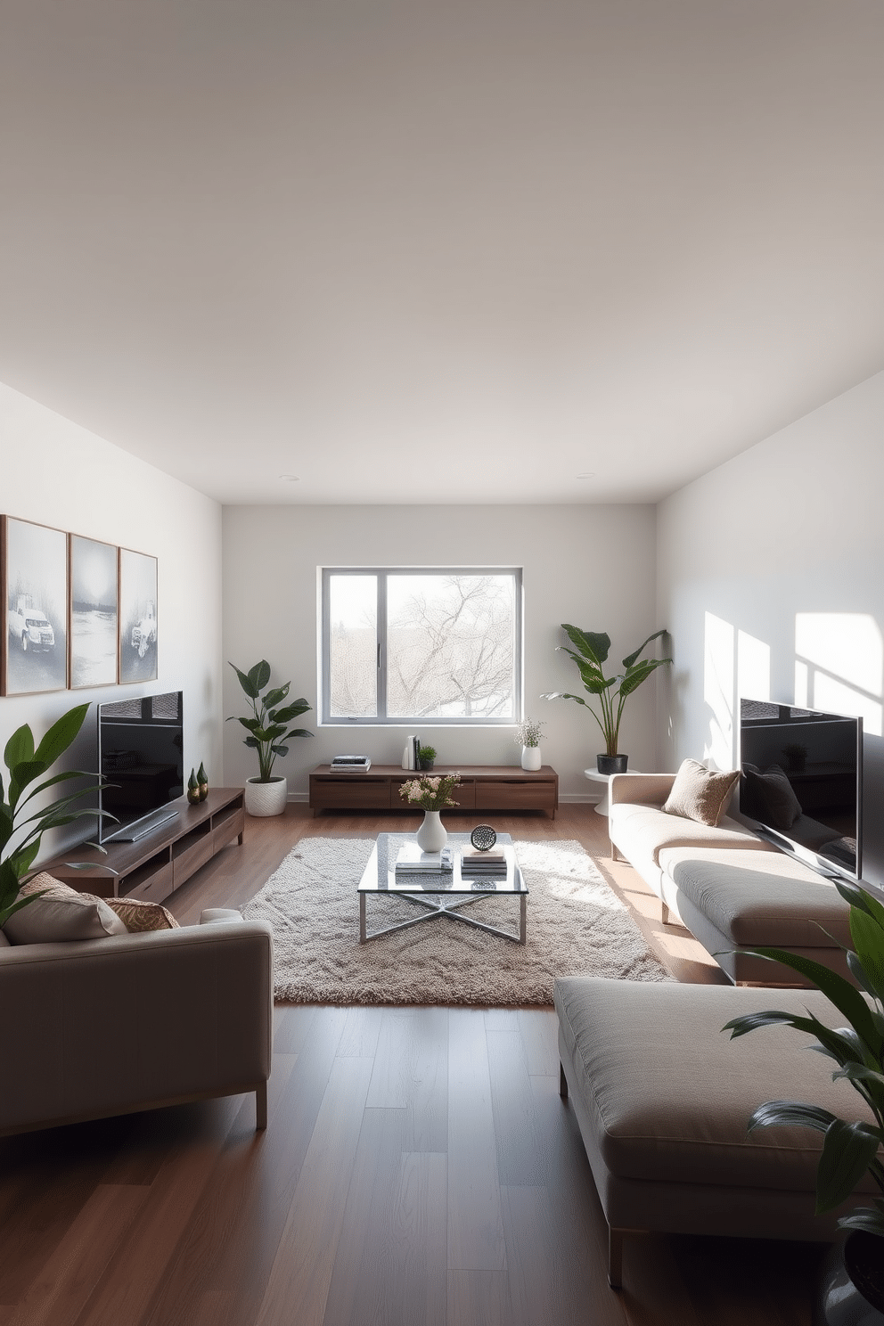 Sleek furniture with minimalist lines defines the modern family room, featuring a low-profile sectional sofa in a neutral fabric paired with a glass coffee table. The walls are adorned with abstract art, and a large window allows natural light to flood the space, enhancing the airy ambiance. A plush area rug anchors the seating area, while a minimalist entertainment unit holds a flat-screen TV and decorative accents. Potted plants in the corners add a touch of greenery, creating a warm and inviting atmosphere for family gatherings.