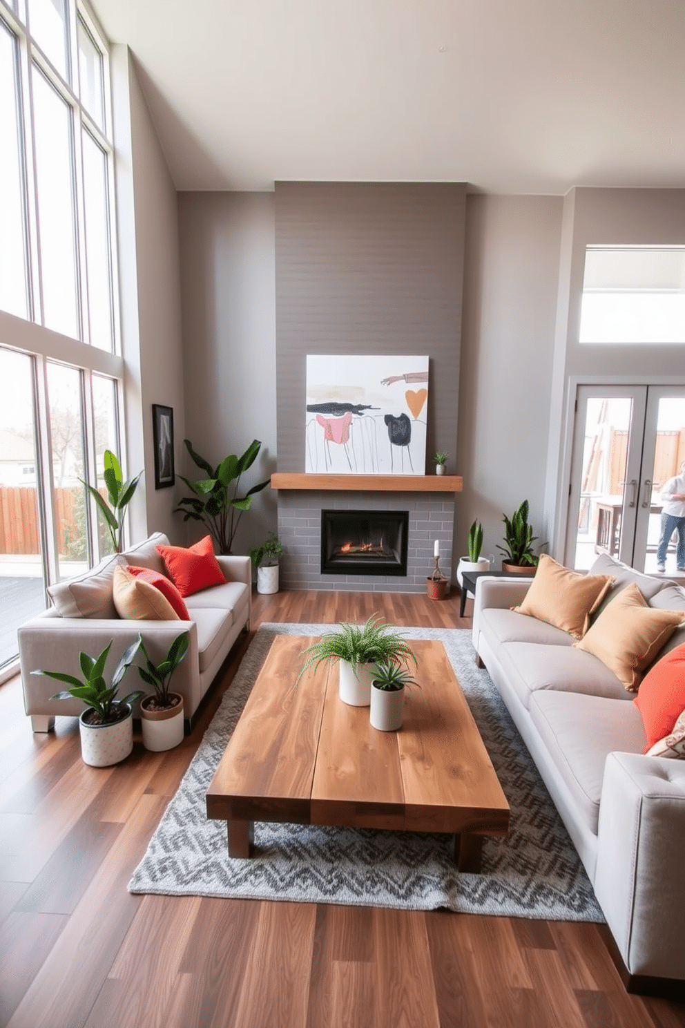 A modern family room featuring a spacious layout with large windows that allow natural light to flood the space. The room is adorned with a plush sectional sofa in a neutral color, complemented by vibrant throw pillows and a stylish coffee table made of reclaimed wood. In one corner, a collection of indoor plants in decorative pots adds a touch of freshness and greenery to the atmosphere. The walls are painted in a soft gray hue, while a large abstract painting hangs above the fireplace, enhancing the contemporary aesthetic of the room.