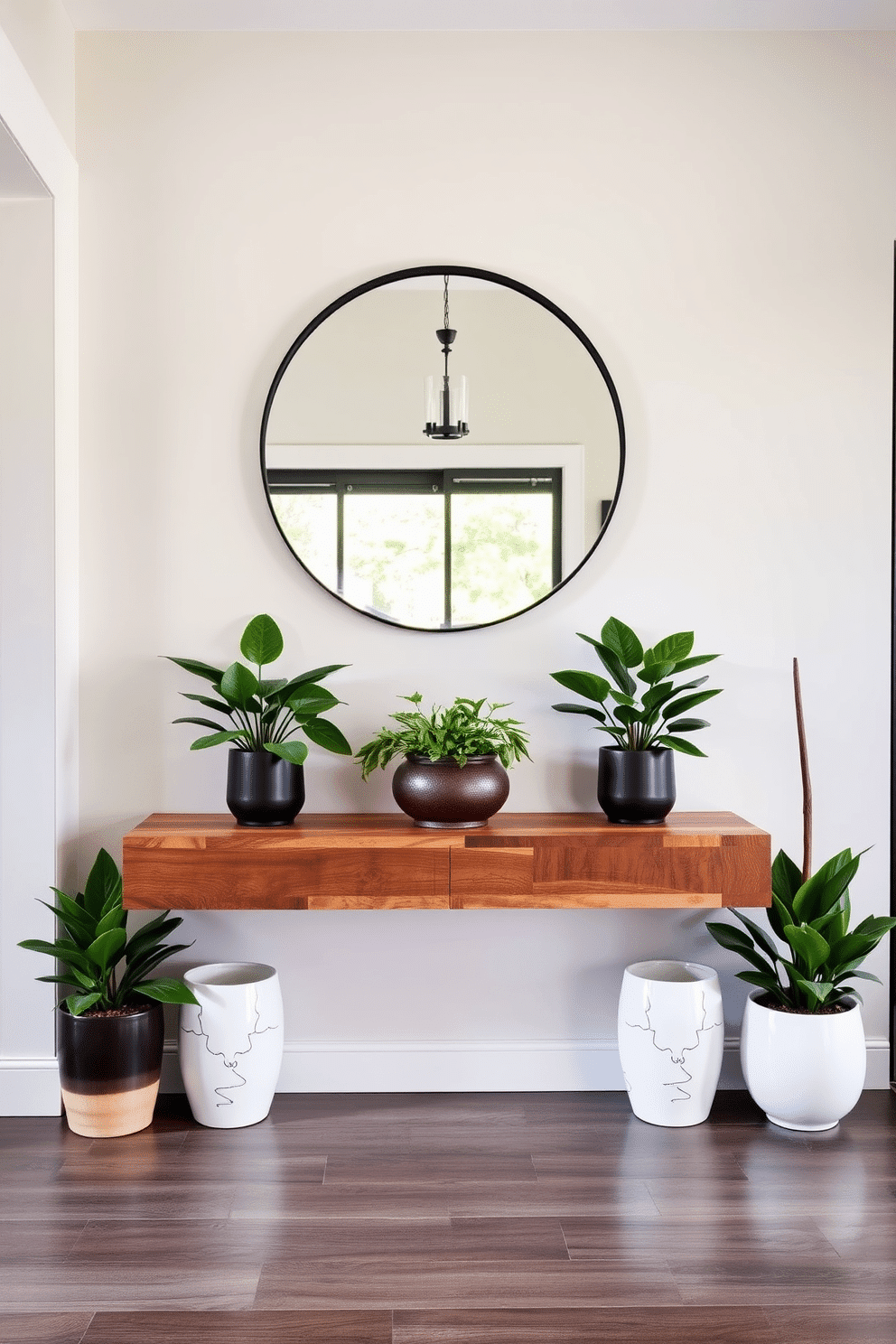 A modern foyer featuring a sleek console table made of reclaimed wood, complemented by a large round mirror with a black metal frame. Lush green plants in stylish ceramic pots are strategically placed on either side of the entrance, bringing a fresh and vibrant touch to the space.