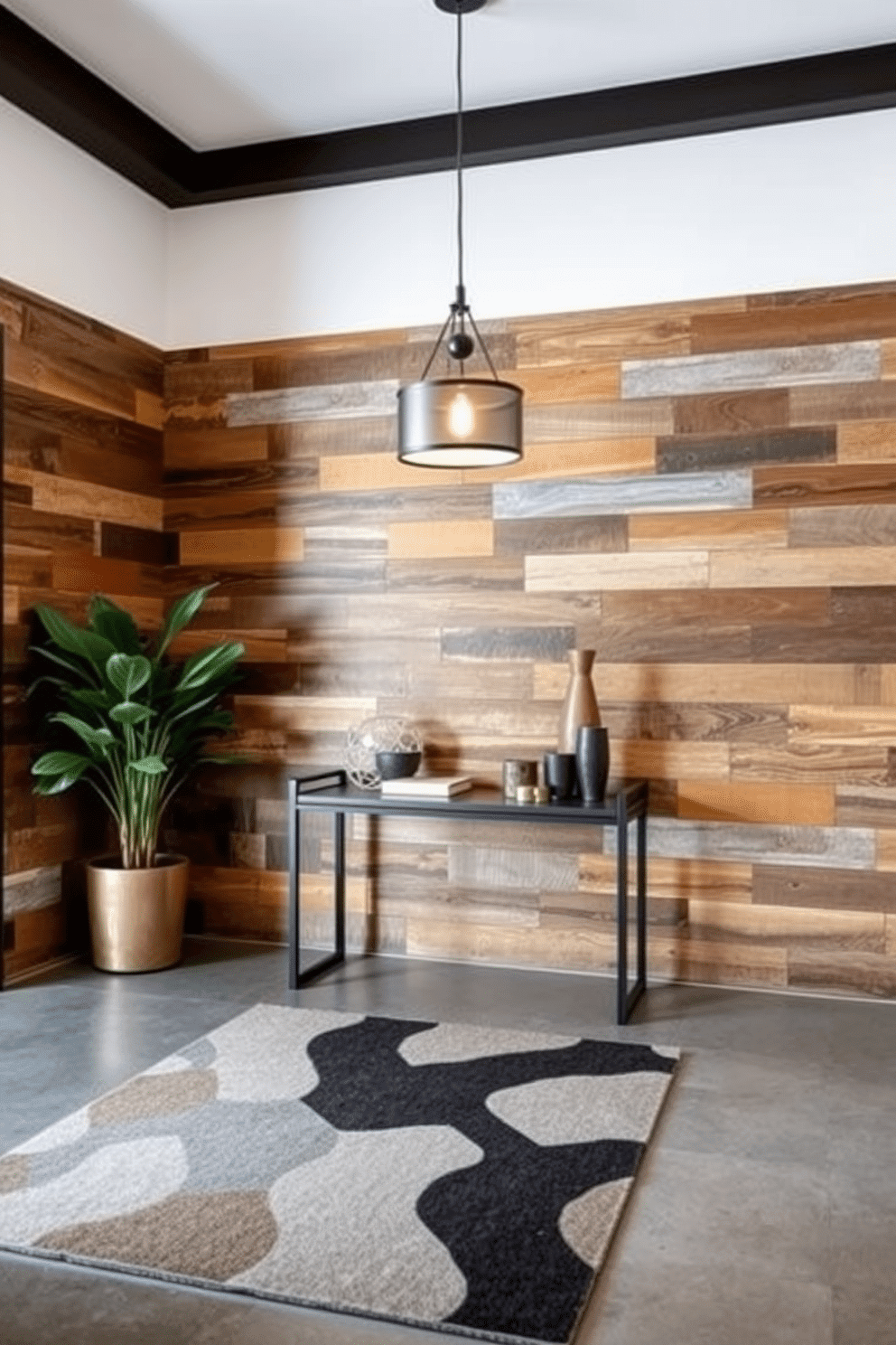 A striking foyer featuring an accent wall adorned with reclaimed wood panels, creating a warm and inviting atmosphere. The space is enhanced by a sleek console table topped with decorative items, and a stylish pendant light hangs above, casting a soft glow. The floor is finished with polished concrete, providing a contemporary contrast to the rustic wood. A large potted plant in the corner adds a touch of greenery, while a modern area rug anchors the space, tying together the design elements.