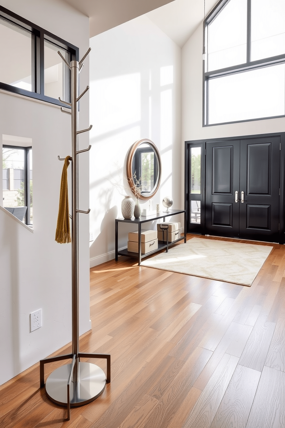 A modern coat rack stands elegantly in the foyer, crafted from brushed stainless steel with minimalist lines and a matte finish. It features multiple hooks arranged at varying heights, providing both functionality and a striking visual element to the entryway. The foyer is designed with a spacious layout, showcasing a blend of natural wood flooring and a soft area rug. Large windows allow natural light to flood the space, highlighting a contemporary console table adorned with decorative objects and a statement mirror above.