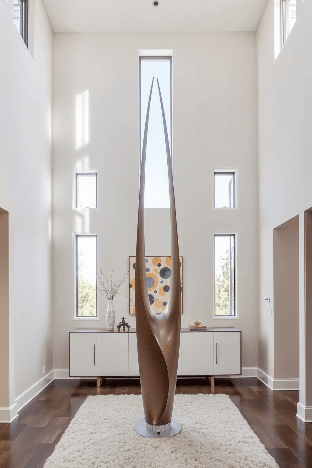 A striking unique sculpture stands prominently in the center of a modern foyer, drawing immediate attention. The foyer features sleek, minimalist lines with a high ceiling, enhanced by natural light streaming through large glass doors. The walls are adorned with a soft, neutral color palette, creating a serene backdrop for the sculpture. A stylish console table with decorative elements complements the space, while a plush area rug adds warmth underfoot.