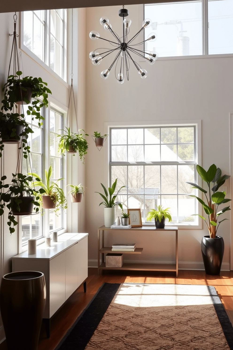 A modern foyer featuring hanging planters that bring a touch of greenery indoors. The space is illuminated by natural light streaming through large windows, highlighting a sleek console table adorned with decorative items. The walls are painted in a soft, neutral tone, providing a calming backdrop for vibrant plants. A stylish area rug anchors the space, while a contemporary light fixture adds a statement element above.