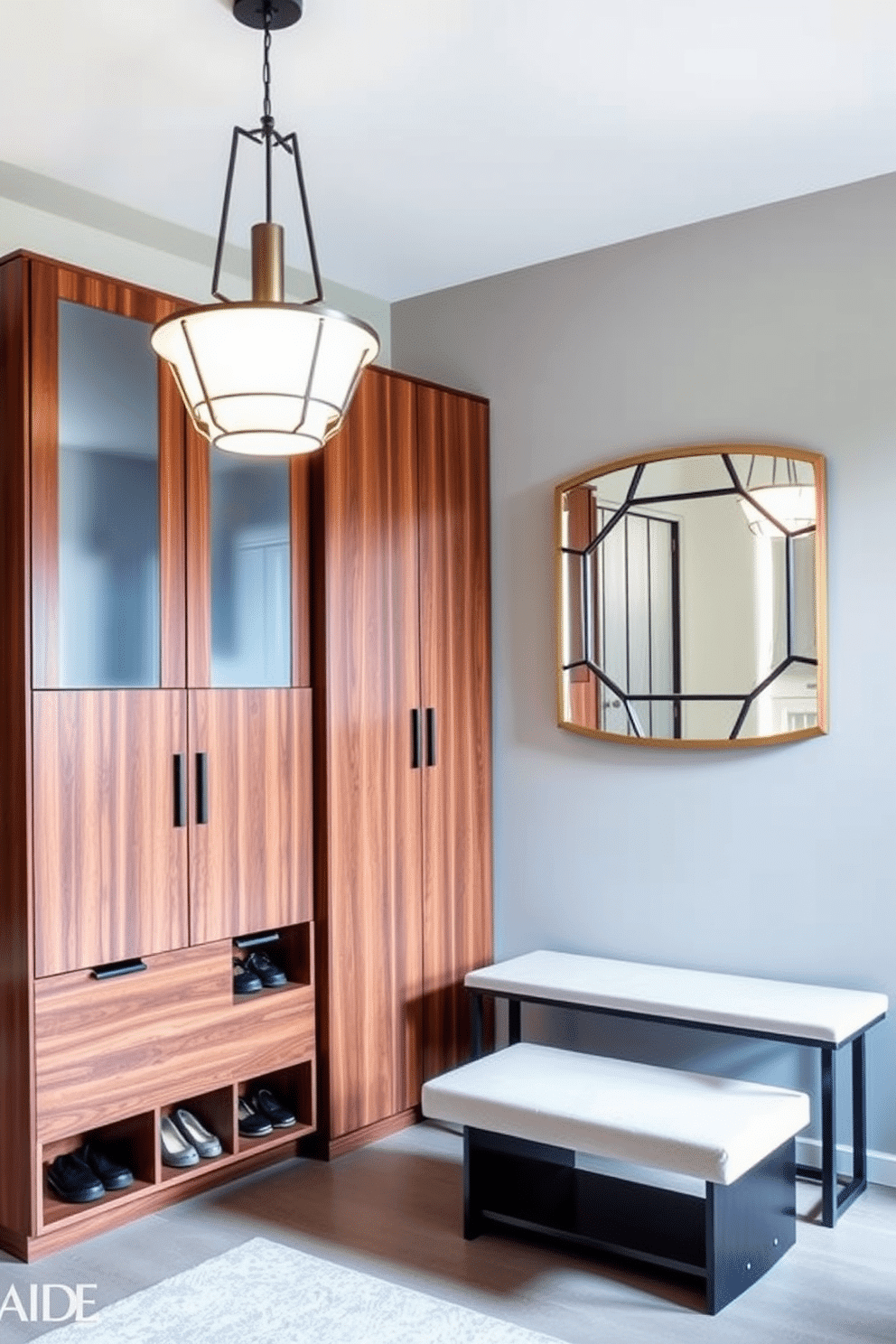 A modern foyer features a sleek shoe storage solution seamlessly integrated into the design. The cabinetry is finished in a rich walnut, providing both functionality and style, while a minimalist bench offers a place to sit and put on shoes. The foyer is illuminated by a statement pendant light that adds a touch of elegance. A large mirror with a geometric frame enhances the space, reflecting natural light and creating an inviting atmosphere.