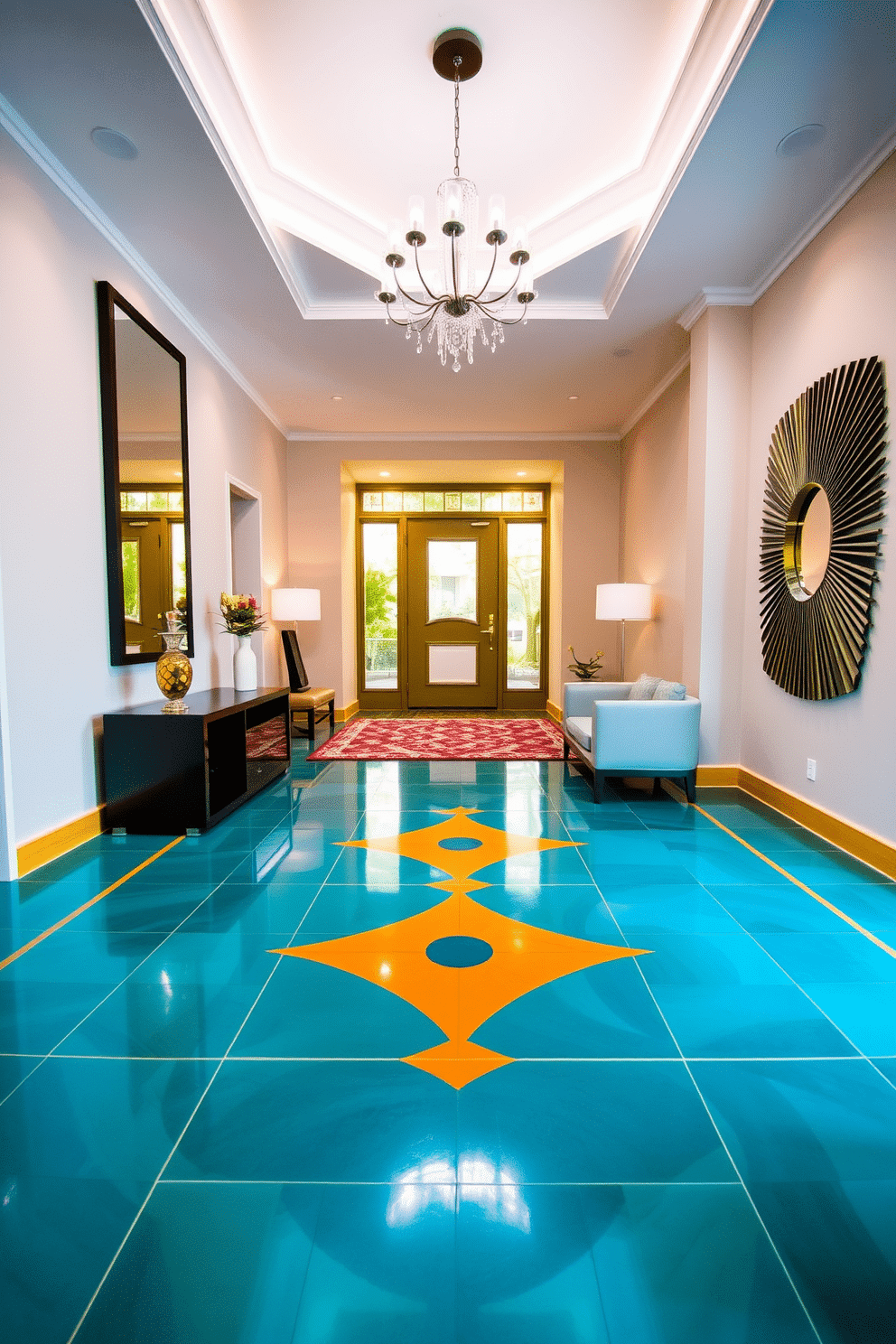 A striking entrance features bold, geometric floor tiles in a vibrant color palette, creating an immediate focal point. The foyer is illuminated by a modern chandelier that complements the tile design, enhancing the overall aesthetic of the space. Sleek, minimalist furniture pieces are strategically placed to maintain an open feel while providing functionality. A large, decorative mirror on one wall reflects light and adds depth, making the foyer appear more spacious.