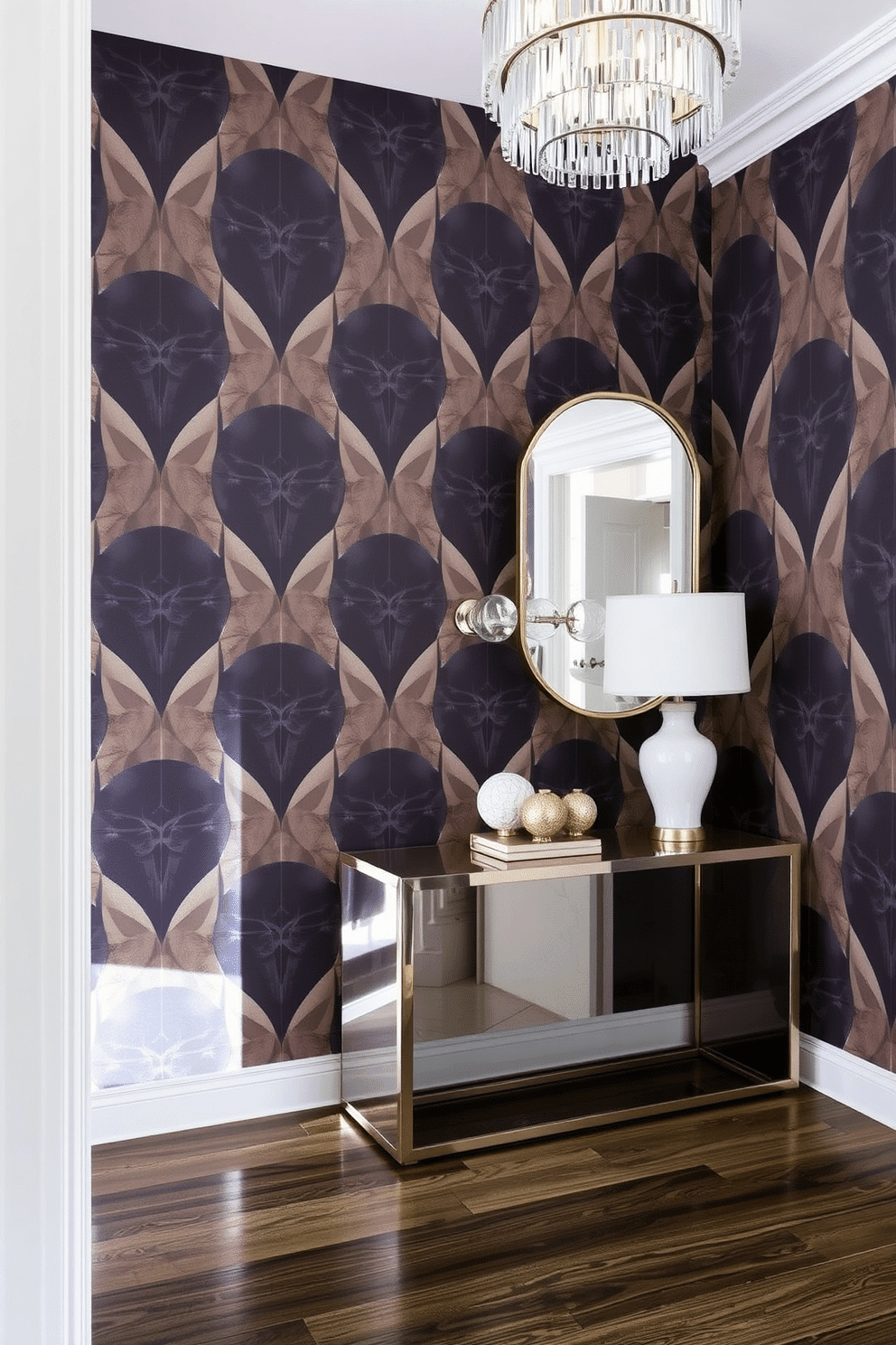 A modern foyer featuring bold geometric wallpaper that adds a striking visual interest to the space. The entrance is illuminated by a contemporary chandelier, and a sleek console table is positioned against the wall, adorned with decorative objects and a stylish mirror above.