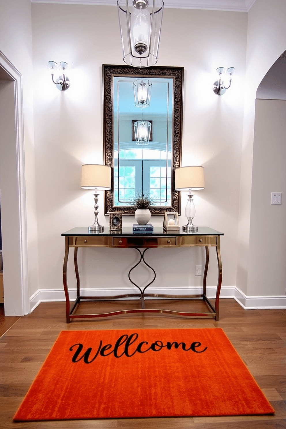 A welcoming doormat with a personalized message greets guests at the entrance, setting a warm and inviting tone. The foyer features elegant lighting fixtures that illuminate the space, complemented by a stylish console table adorned with decorative accents. The walls are painted in a soft, neutral hue, creating a serene backdrop for the vibrant doormat. A large mirror with a decorative frame hangs above the console table, enhancing the sense of space and reflecting natural light.