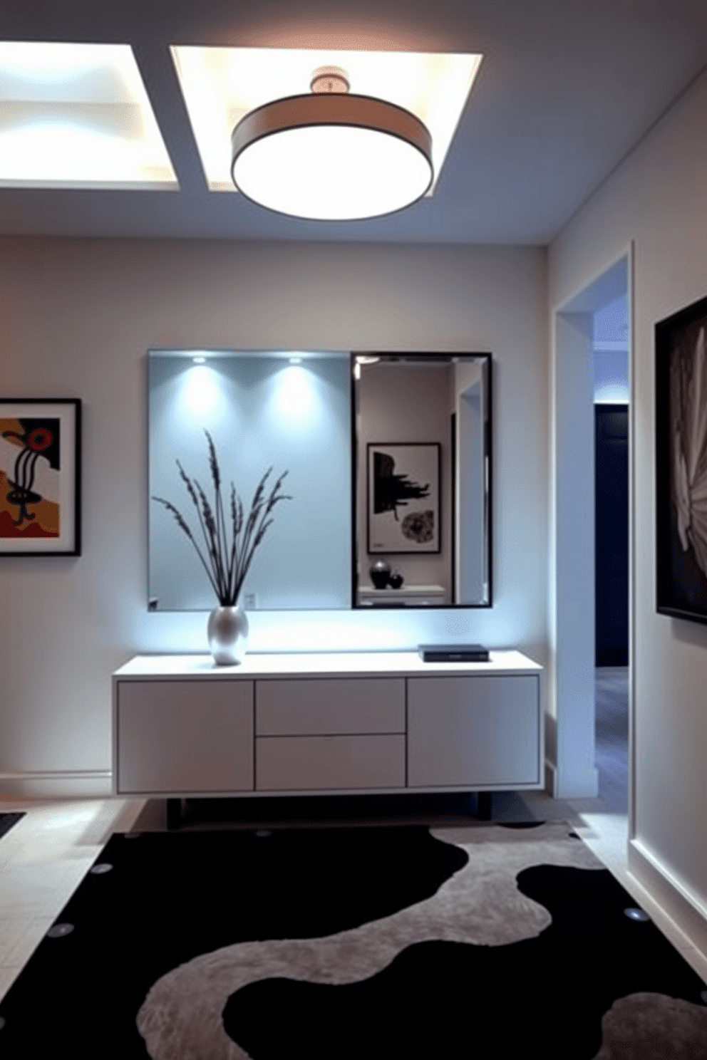 A modern foyer featuring smart lighting that adjusts to create the perfect ambiance. The space includes a sleek console table with a minimalist design, illuminated by recessed lights that change color based on the time of day. The walls are adorned with contemporary art pieces, and a stylish area rug anchors the space. A large mirror reflects the light, enhancing the sense of openness and inviting guests into the home.