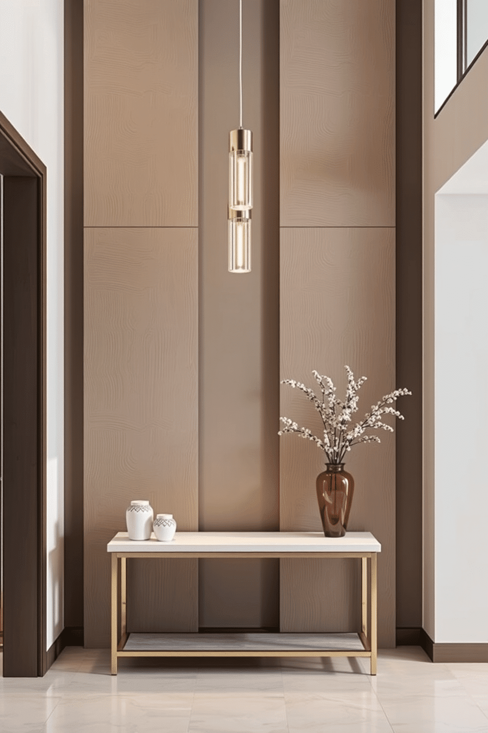 A modern foyer features textured wall panels that create visual depth, adding an element of sophistication to the entryway. The space is illuminated by sleek pendant lights, casting a warm glow on a minimalist console table adorned with decorative accents.