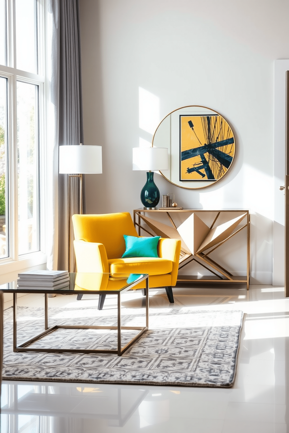 A brightly colored accent chair is positioned in the corner of a sunlit living room, featuring plush upholstery in vibrant hues of teal and yellow. Its sleek, minimalist design complements a contemporary coffee table made of glass and metal, creating a focal point that invites relaxation. The modern foyer showcases a striking geometric console table paired with a large round mirror that reflects natural light. Bold artwork adorns the walls, while a stylish area rug adds warmth and texture to the sleek, polished floor.