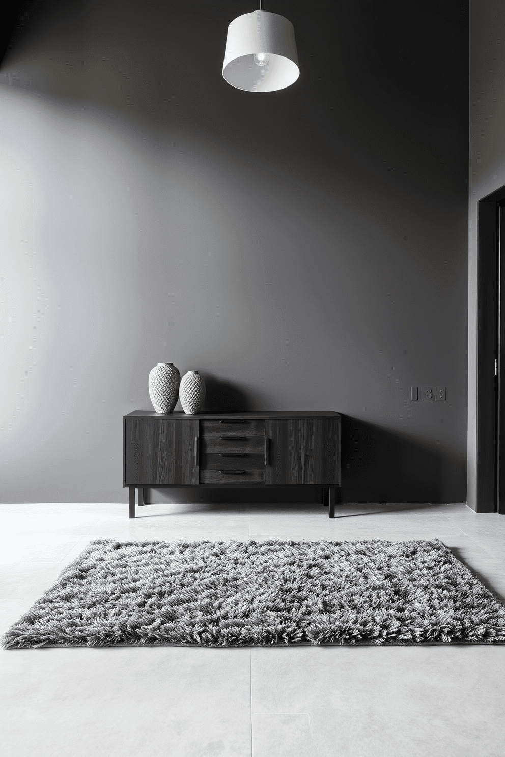 A modern foyer featuring a monochromatic color scheme that utilizes varying textures to create depth and interest. The walls are adorned with a sleek, matte finish, while the floor showcases polished concrete with a subtle sheen, enhancing the contemporary aesthetic. A striking console table made of dark wood sits against the wall, topped with a textured ceramic vase and a minimalist sculpture. Soft lighting from a pendant fixture casts a warm glow, highlighting the intricate details of a plush area rug that anchors the space.