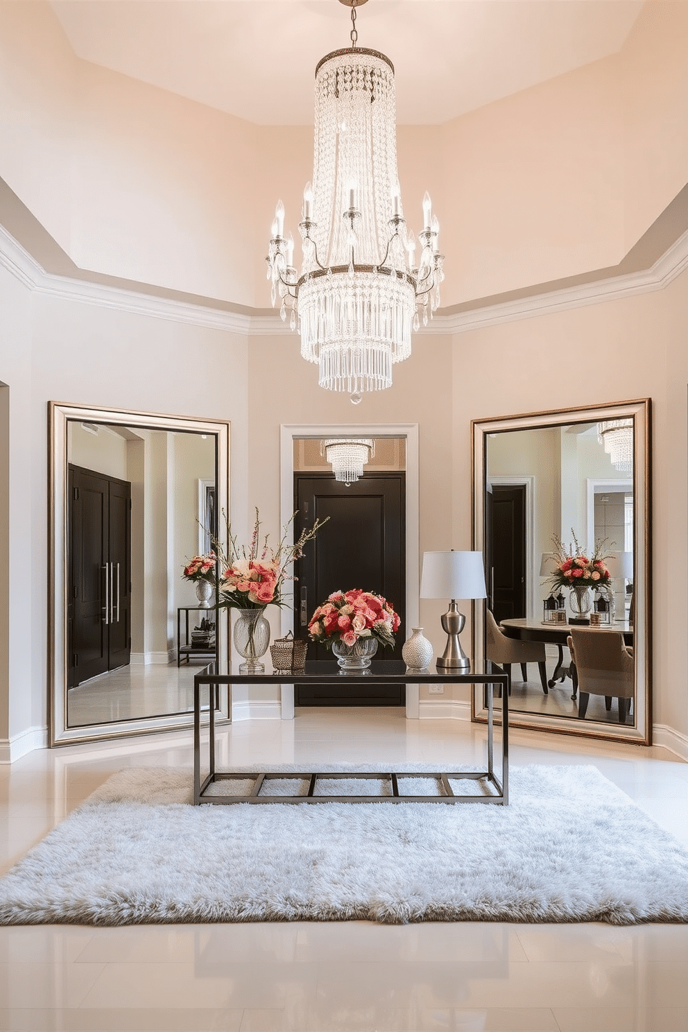 A stunning foyer featuring a grand, elegant chandelier that cascades light from its intricate crystal design. The walls are adorned with soft, neutral tones, complemented by a sleek console table topped with decorative accents and a vibrant floral arrangement. The space is anchored by a plush area rug that adds warmth and texture, inviting guests into the home. Large, framed mirrors reflect the light, enhancing the sense of openness and sophistication in this modern foyer design.