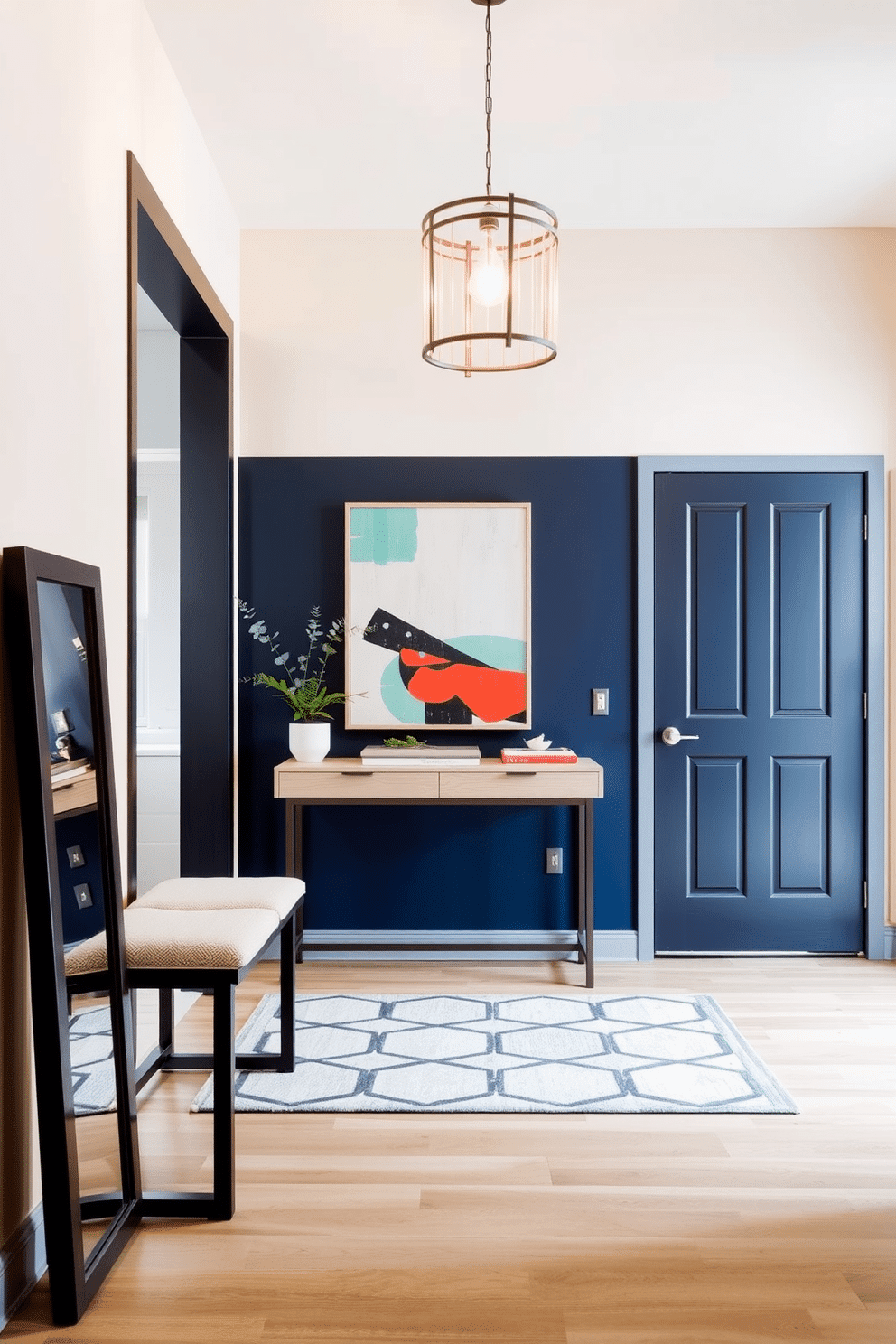 A modern foyer featuring a neutral color palette with pops of vibrant color. The space includes a sleek console table in a light wood finish, adorned with a bold abstract art piece and a small potted plant for a touch of greenery. The walls are painted in a soft beige, complemented by a striking navy blue accent wall. A stylish area rug with geometric patterns adds texture, while a unique pendant light fixture hangs above, casting a warm glow across the entryway.