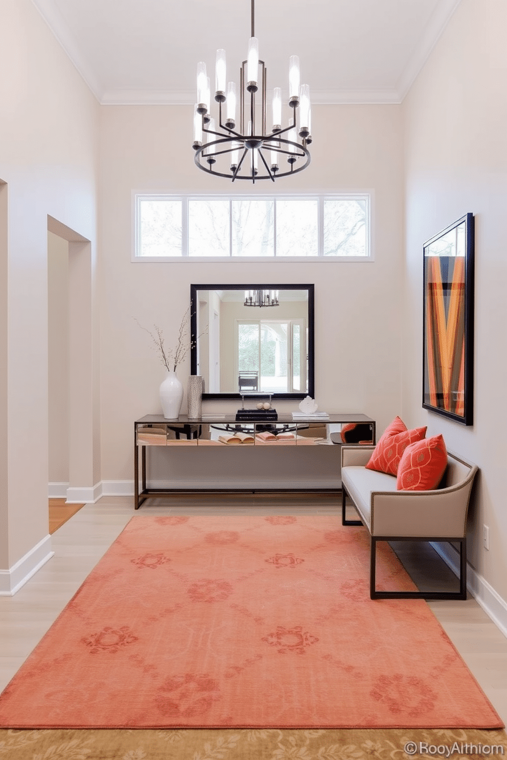 A modern foyer featuring layered rugs that create depth and warmth. The space is illuminated by a contemporary chandelier, with a sleek console table adorned with decorative accents and a large mirror above it. The walls are painted in a soft, neutral tone, enhancing the welcoming atmosphere. A stylish bench sits against one side, complemented by vibrant throw pillows that add a pop of color.