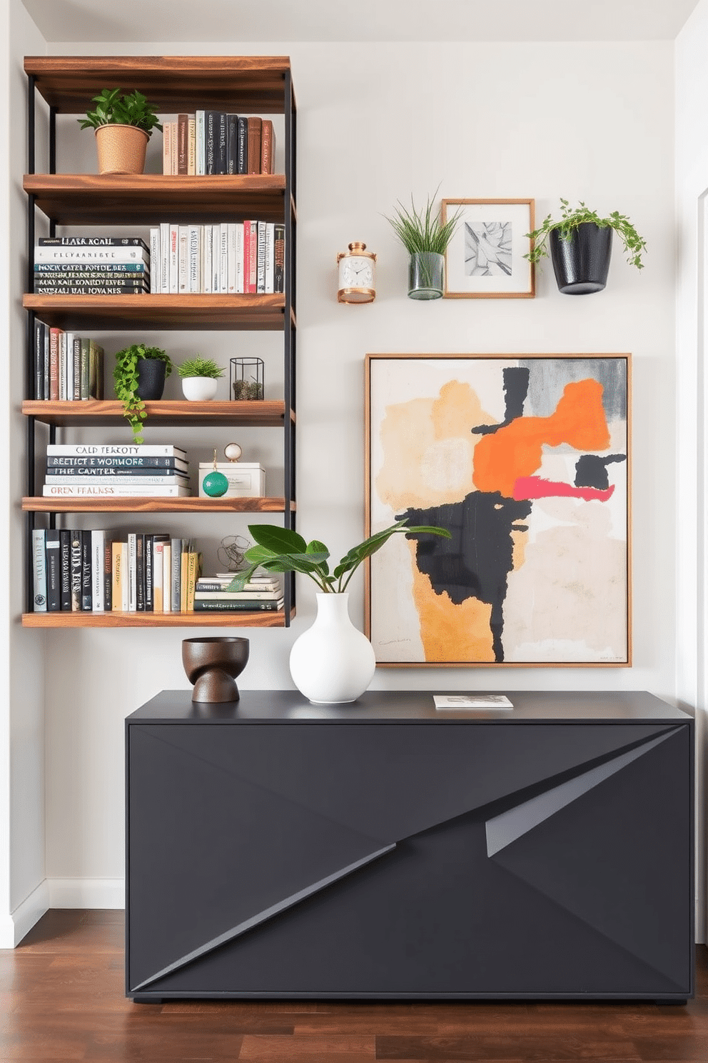 Open shelving for curated decor display. The shelves are made of reclaimed wood, showcasing an array of carefully selected books, plants, and decorative objects. Modern foyer design ideas. The space features a sleek console table with a geometric design, paired with a large abstract artwork that adds a pop of color to the neutral walls.