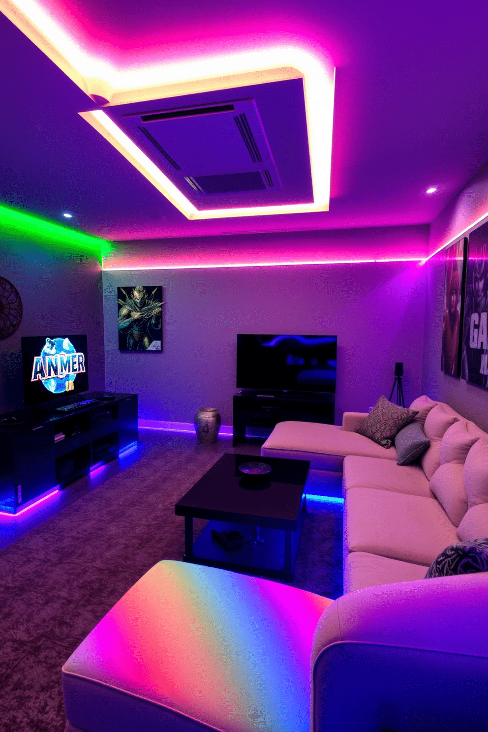 A modern game room featuring colorful LED strip lights installed under the sleek furniture, creating a vibrant and dynamic atmosphere. The walls are adorned with gaming-themed artwork, and a large, plush sectional sofa invites relaxation and socializing.