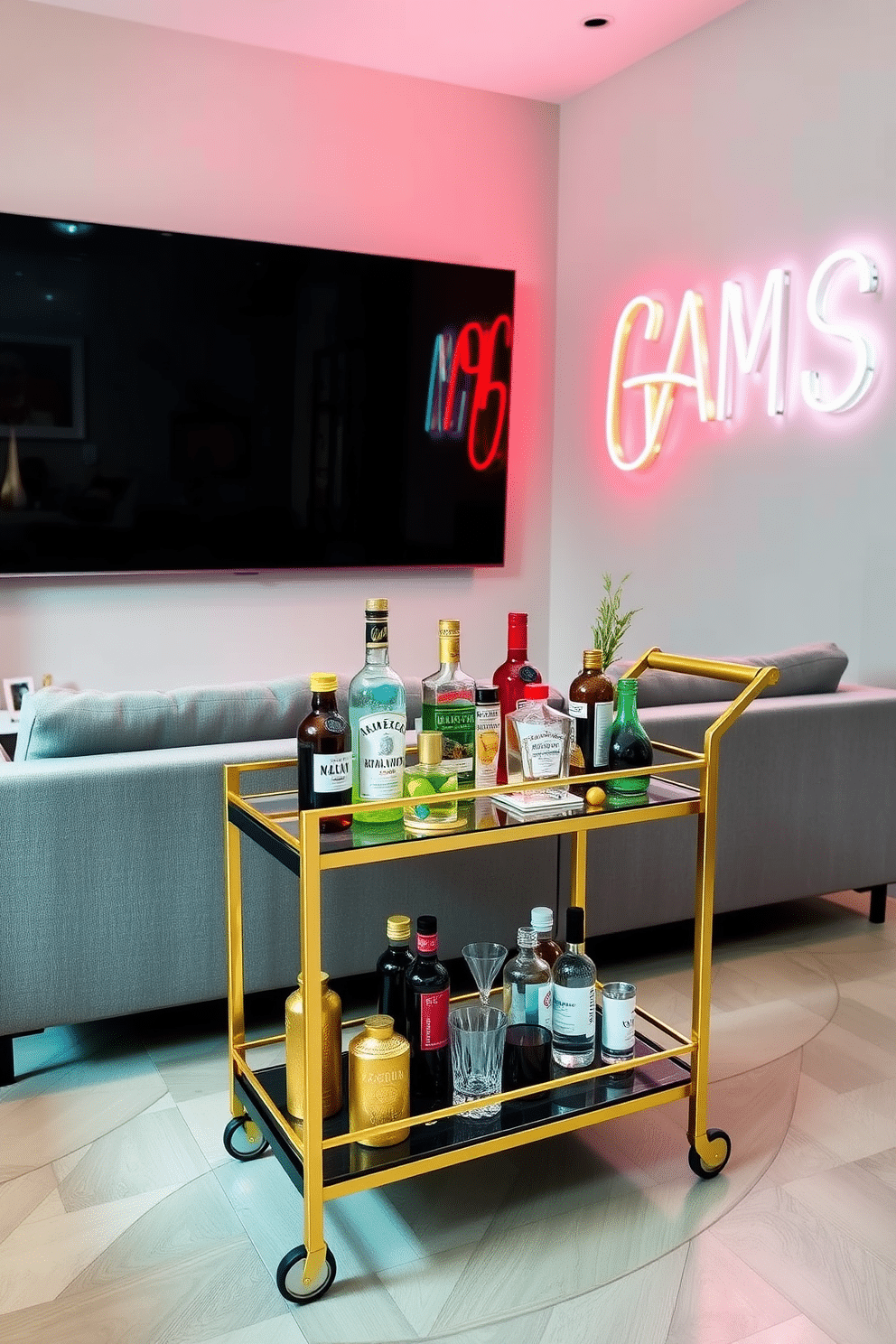 A stylish bar cart for refreshments. The cart features a sleek gold frame with multiple tiers, showcasing an array of premium spirits, elegant glassware, and a selection of fresh garnishes. Modern game room design ideas. The space includes a plush sectional sofa in a muted gray, a large wall-mounted screen for gaming, and a striking neon sign that adds a pop of color to the contemporary decor.