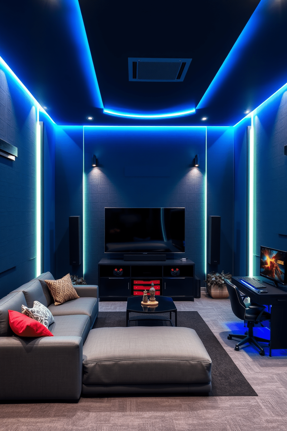 A modern game room designed for relaxation and entertainment, featuring soundproofing panels on the walls to enhance acoustics and minimize noise. The space includes a sleek sectional sofa, a large flat-screen TV, and a custom-built gaming console area, all illuminated by ambient LED lighting. Stylish soundproofing panels are incorporated into the design, offering both functionality and aesthetic appeal. The color scheme consists of deep blues and grays, complemented by vibrant accent colors in the decor and furnishings, creating an inviting atmosphere for gaming and socializing.