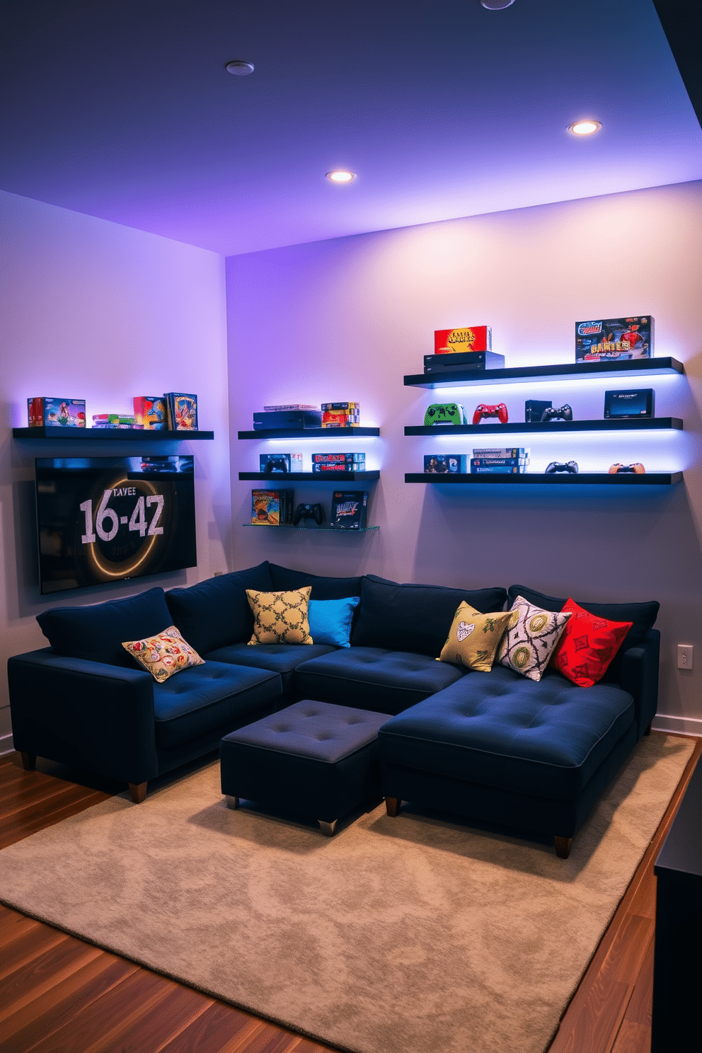 A modern game room features sleek floating shelves mounted on the walls, designed to elegantly display a collection of board games and gaming consoles. The room is accented with vibrant LED lighting that highlights the shelves, creating a dynamic and inviting atmosphere for entertainment. The seating area includes a plush sectional sofa in a deep navy color, complemented by colorful throw pillows that add a playful touch. A large area rug defines the space, providing comfort underfoot and enhancing the overall modern aesthetic of the game room.