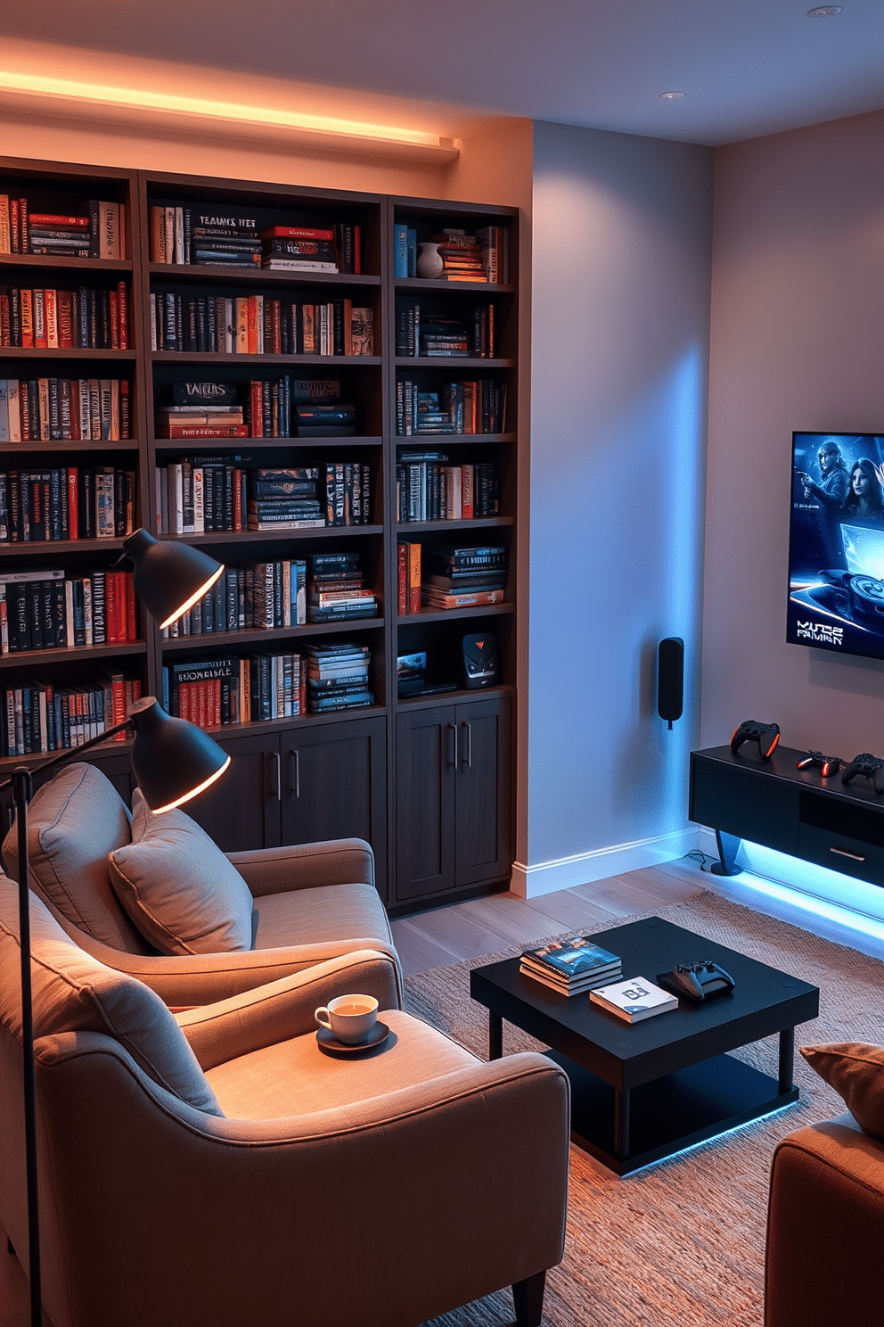 A cozy reading nook featuring a plush armchair upholstered in soft, muted fabric, positioned next to a tall bookshelf filled with an assortment of gaming books and collectibles. A warm, ambient light from a stylish floor lamp casts a gentle glow, while a small side table holds a steaming cup of tea and a stack of favorite novels. A modern game room designed with sleek lines and a neutral color palette, featuring a large sectional sofa facing a wall-mounted flat-screen TV. The space is enhanced by ambient LED lighting, a stylish coffee table, and a gaming console setup, creating an inviting atmosphere for both relaxation and entertainment.