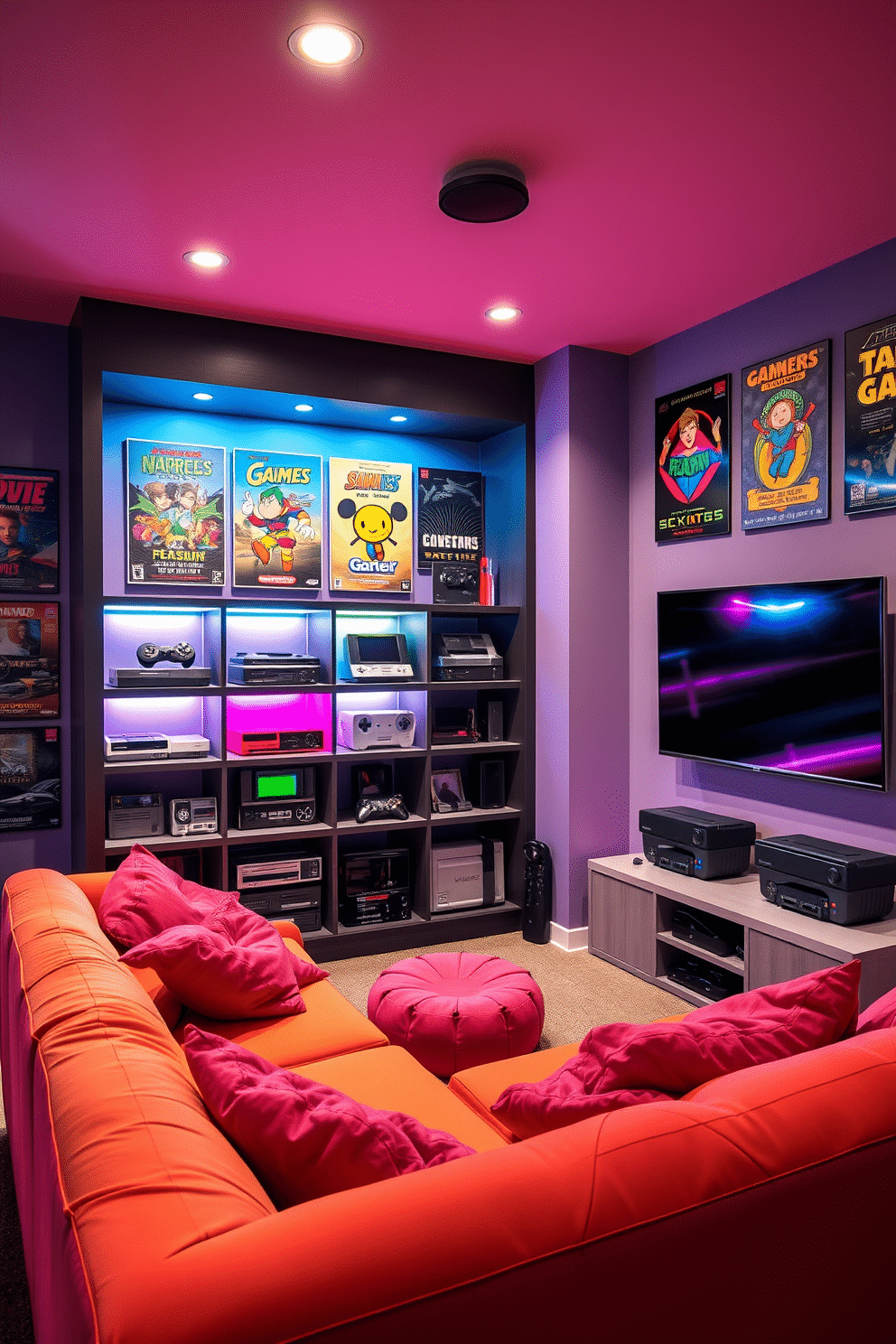 A retro gaming console display area featuring a vibrant color palette with neon accents. The walls are adorned with vintage gaming posters, and a custom shelving unit showcases an array of classic consoles and games. The room includes a plush sectional sofa in a bold hue, complemented by bean bags for additional seating. Ambient lighting creates a cozy atmosphere, while a large flat-screen TV is mounted opposite the seating for optimal viewing.