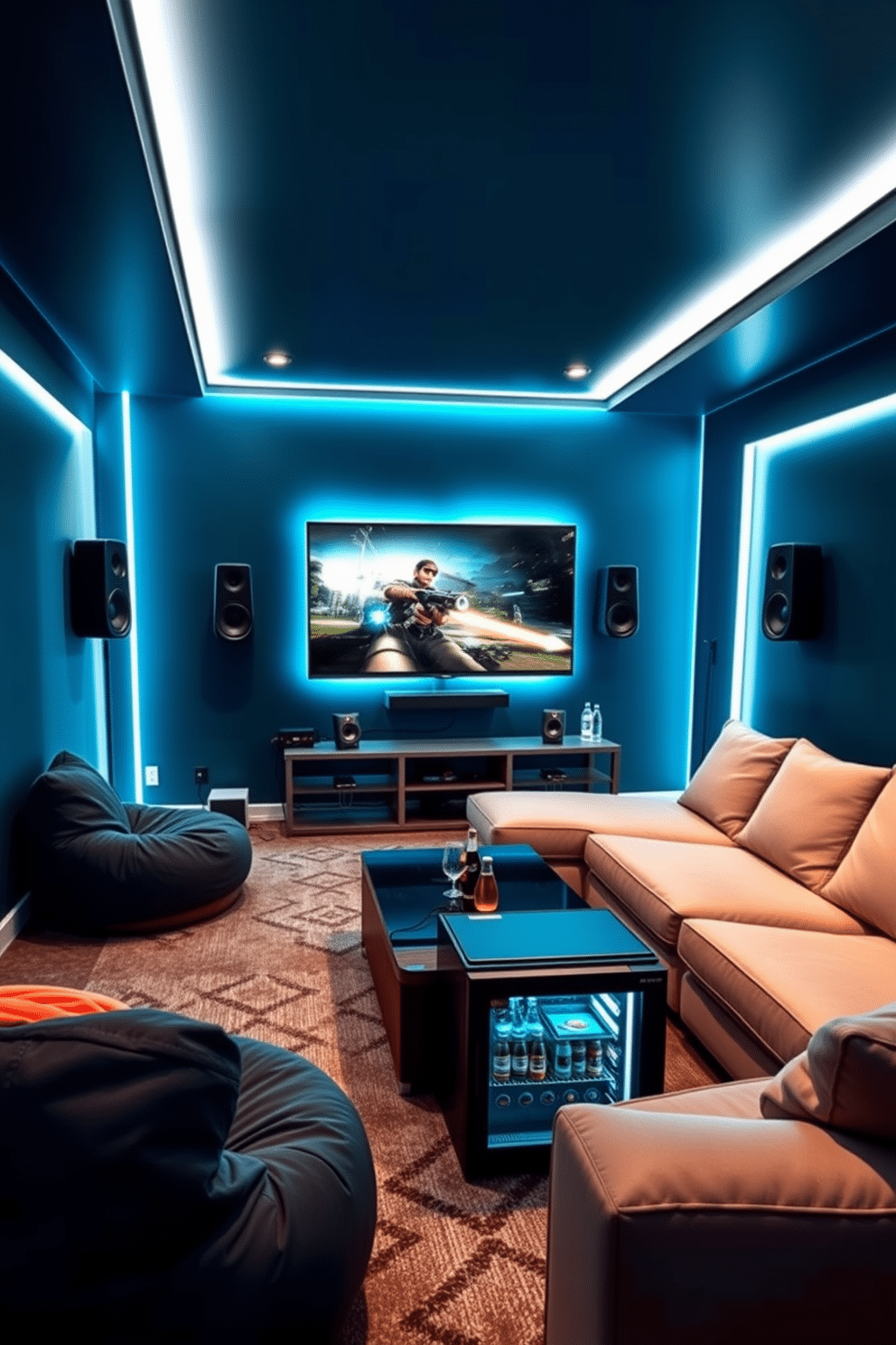 A modern game room featuring a sleek wall-mounted TV as the focal point, surrounded by high-quality surround sound speakers for an immersive experience. The room is designed with plush seating, including a large sectional sofa and bean bags, all arranged to optimize comfort and viewing angles. The walls are painted in a deep navy blue, accented with LED strip lighting for a dynamic atmosphere. A stylish coffee table sits at the center, complemented by a mini-fridge stocked with refreshments for a perfect gaming session.