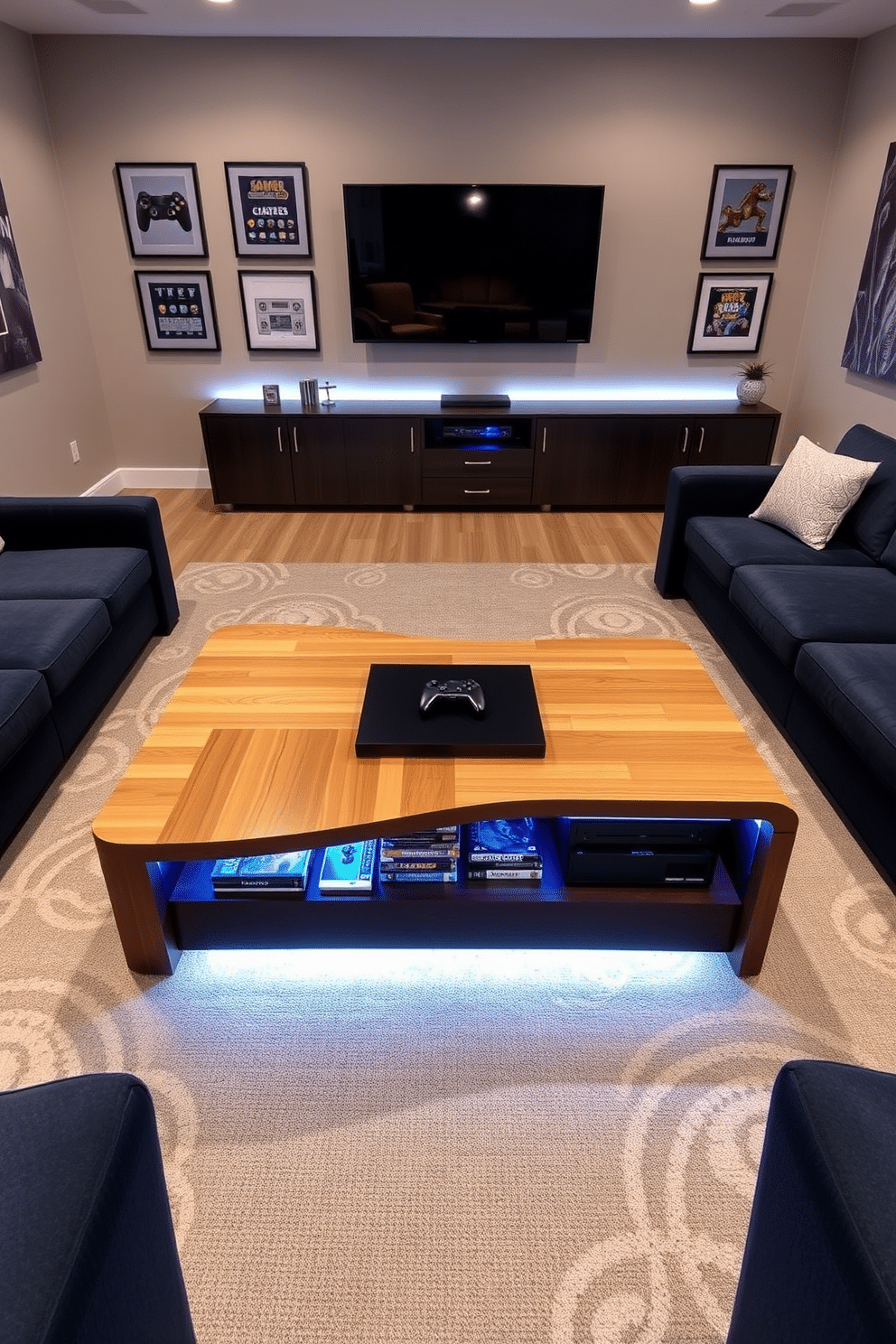 A unique coffee table designed with built-in game storage sits at the center of a modern game room. The table features a sleek, minimalist design in a warm wood finish, complemented by soft LED lighting that enhances the ambiance of the space. Surrounding the coffee table are plush sectional sofas in a rich navy fabric, arranged to create an inviting conversation area. The walls are adorned with framed art prints of classic video games, and a large flat-screen TV is mounted above a stylish console, perfect for gaming and entertainment.