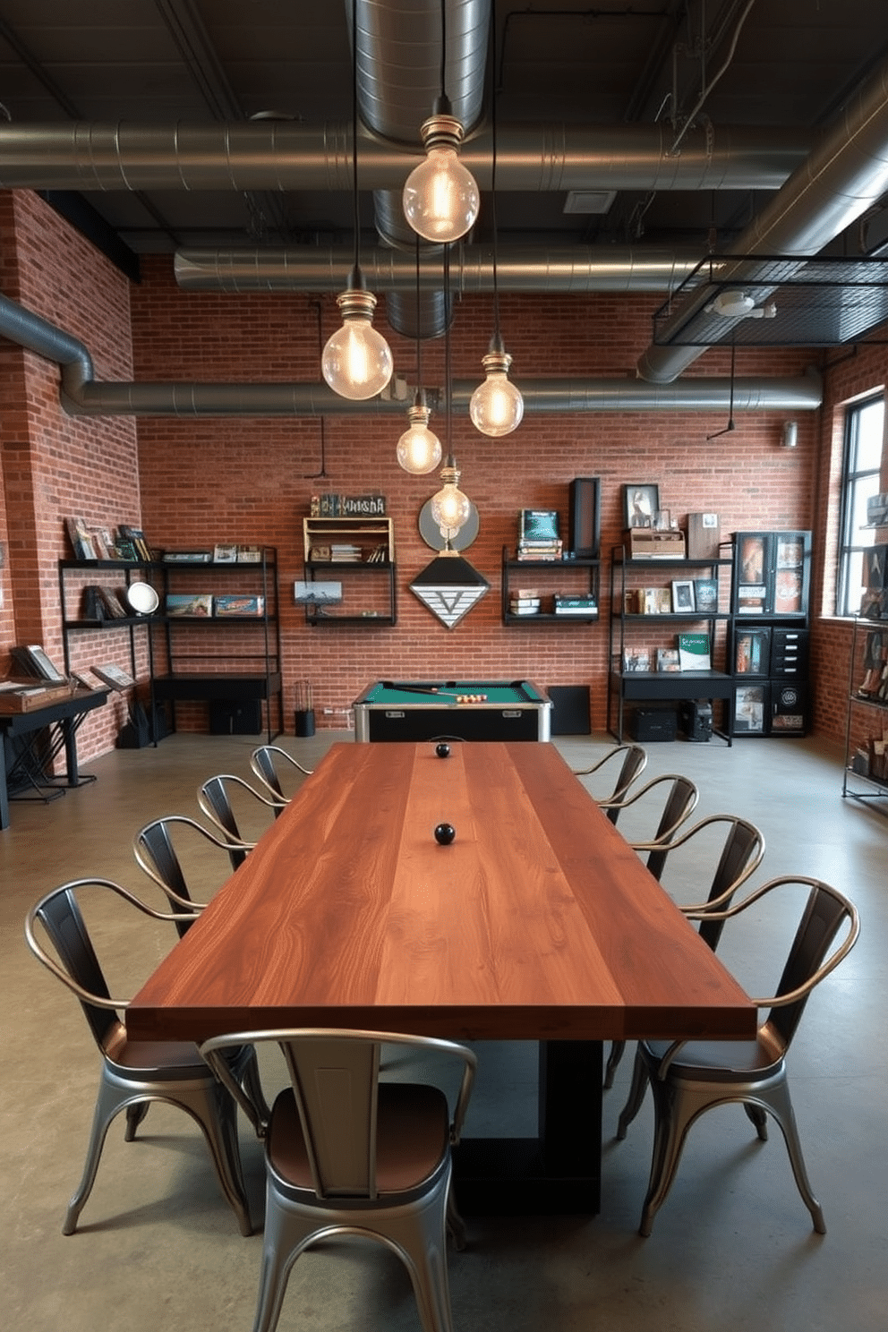 A modern game room featuring industrial-style fixtures and finishes. The space includes a large, reclaimed wood table surrounded by metal chairs, with exposed brick walls and concrete flooring. A sleek pool table sits at the center, complemented by vintage pendant lights hanging from a high ceiling. The room is accented with metal shelves displaying board games and memorabilia, creating a relaxed yet stylish atmosphere.