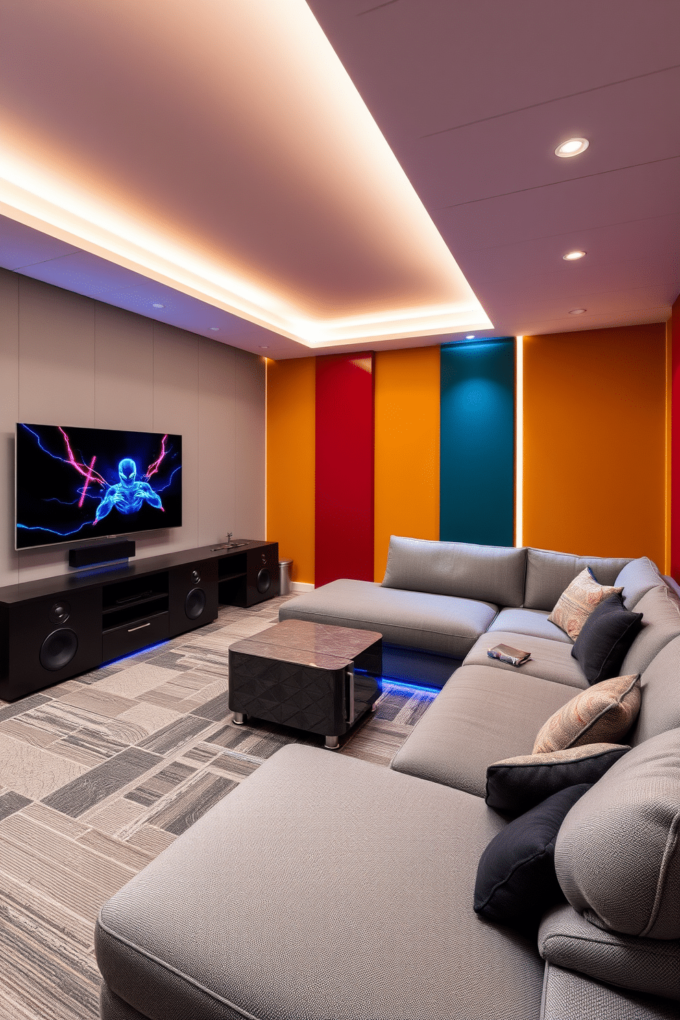 A stylish game room featuring smart home technology seamlessly integrated into the design. The room includes a large sectional sofa with built-in speakers and ambient lighting, creating a cozy yet high-tech atmosphere. In one corner, a sleek gaming console is mounted on the wall, accompanied by a large flat-screen TV. The walls are adorned with soundproof panels in vibrant colors, while a mini-fridge stocked with snacks and drinks adds convenience for entertaining guests.