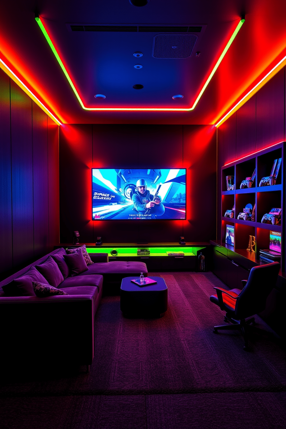 A modern game room designed with bold neon lighting accents that illuminate the space in vibrant colors. The walls feature sleek, dark panels, while a plush sectional sofa invites relaxation amidst the energetic atmosphere. A large gaming console is mounted on the wall, surrounded by custom shelving showcasing collectibles and games. The floor is covered in a soft, dark carpet that adds warmth, contrasting with the dynamic neon hues.