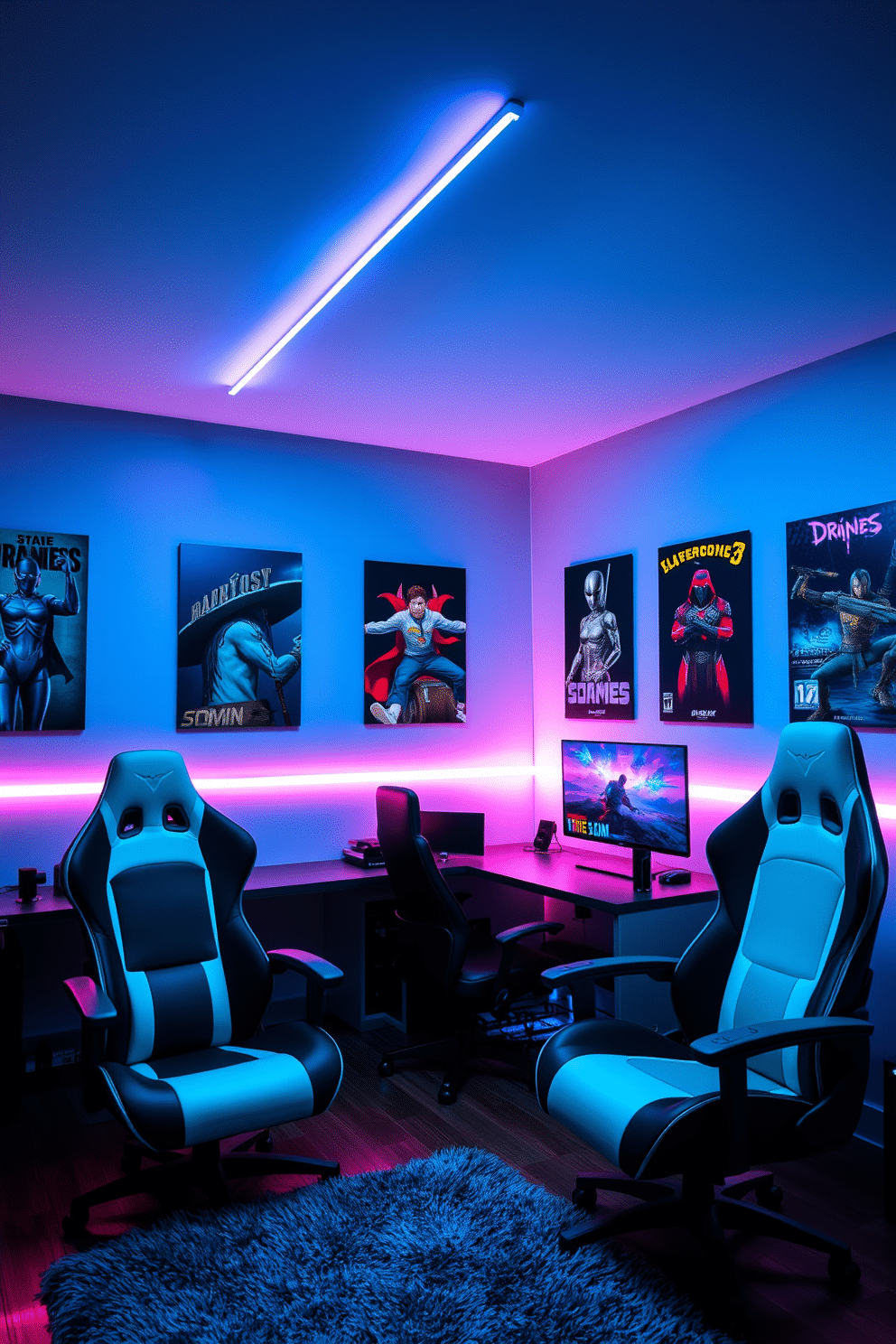 A stylish game room featuring ergonomic gaming chairs designed for comfort and support. The room is illuminated by LED strip lights, creating a vibrant atmosphere perfect for gaming marathons. The walls are adorned with posters of popular video games, adding a personal touch to the space. A sleek gaming desk holds multiple monitors, while a plush rug provides a cozy area for relaxation between sessions.