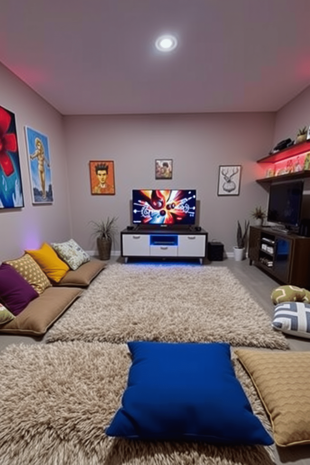 A cozy game room featuring floor cushions arranged in a relaxed seating area. The cushions are in various colors and patterns, providing a playful yet inviting atmosphere. The walls are adorned with vibrant artwork, and a large, plush rug anchors the space. A sleek gaming console sits on a modern media unit, complemented by ambient lighting that creates a fun, energetic vibe.