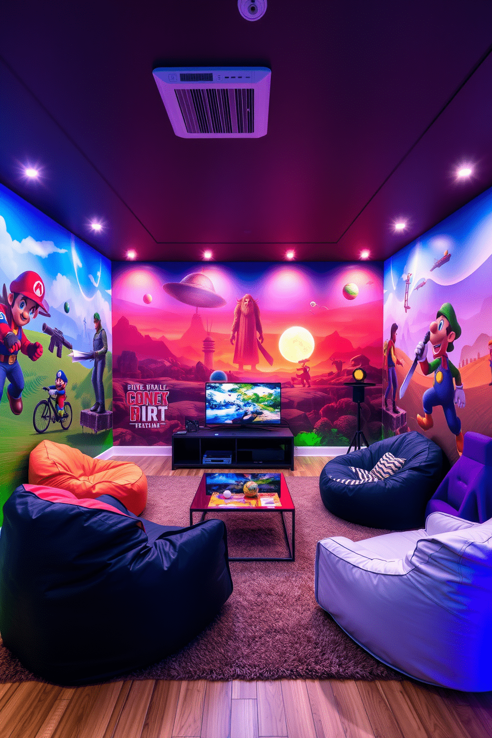 A vibrant game room inspired by popular video games. The walls are adorned with large, colorful murals depicting iconic game characters and landscapes, creating an immersive atmosphere. In the center, a sleek gaming console setup is flanked by comfortable bean bag chairs and a stylish coffee table. Ambient LED lighting casts a dynamic glow, enhancing the playful vibe of the space.